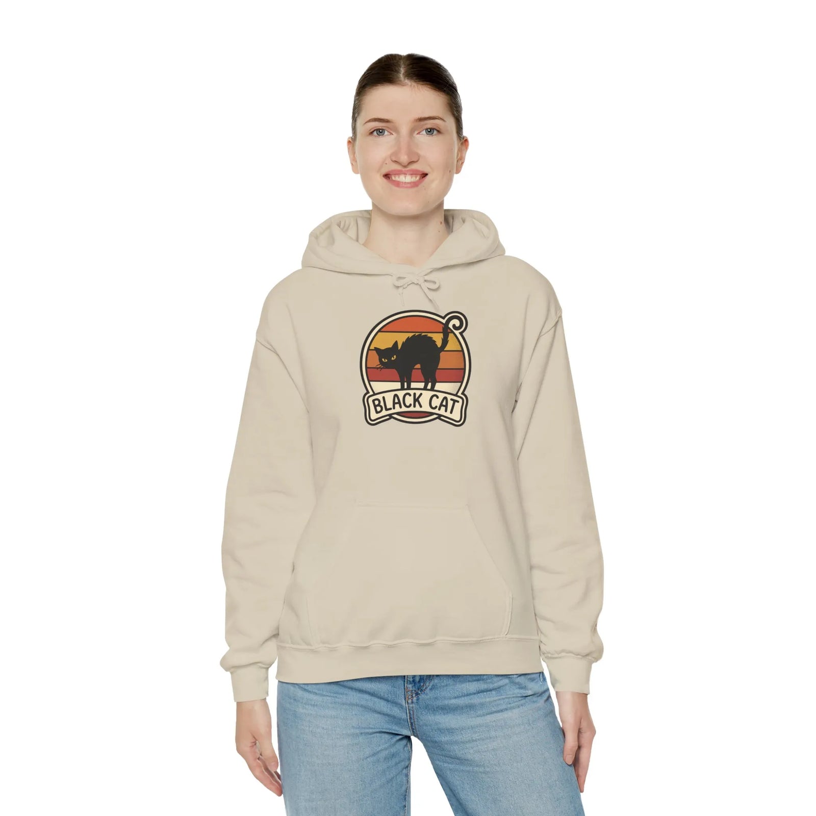 Black Cat Retro Sunset Hoodie - Heavy Blend Cotton-Poly Fleece - Unisex White
