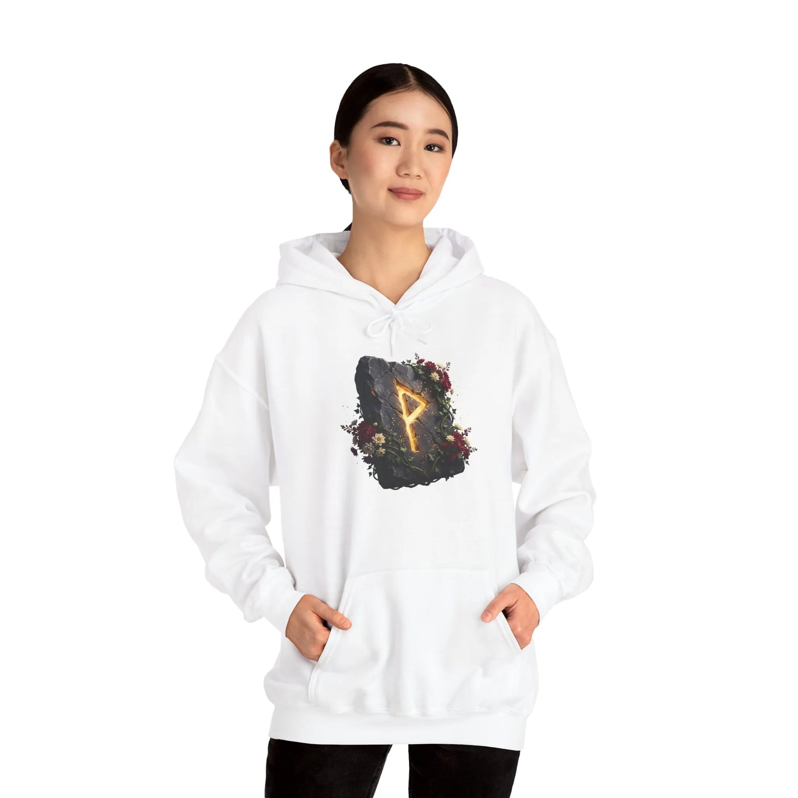 Wunjo Rune Floral Rock Graphic Hoodie - Warm Fleece Pullover Sweatshirt - Unisex White