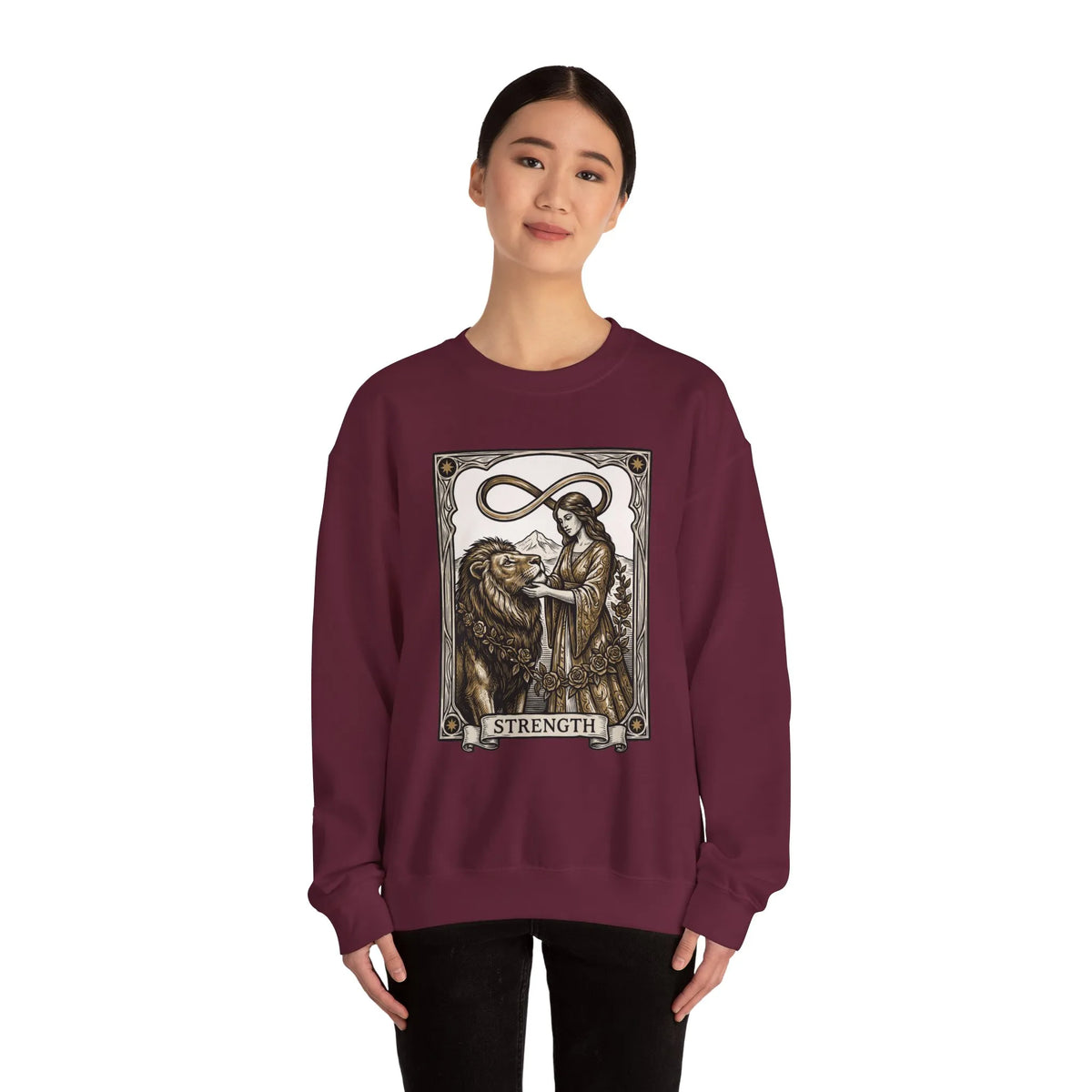 Strength Tarot Card Sweatshirt - Heavy Blend Crewneck Fleece - Unisex White
