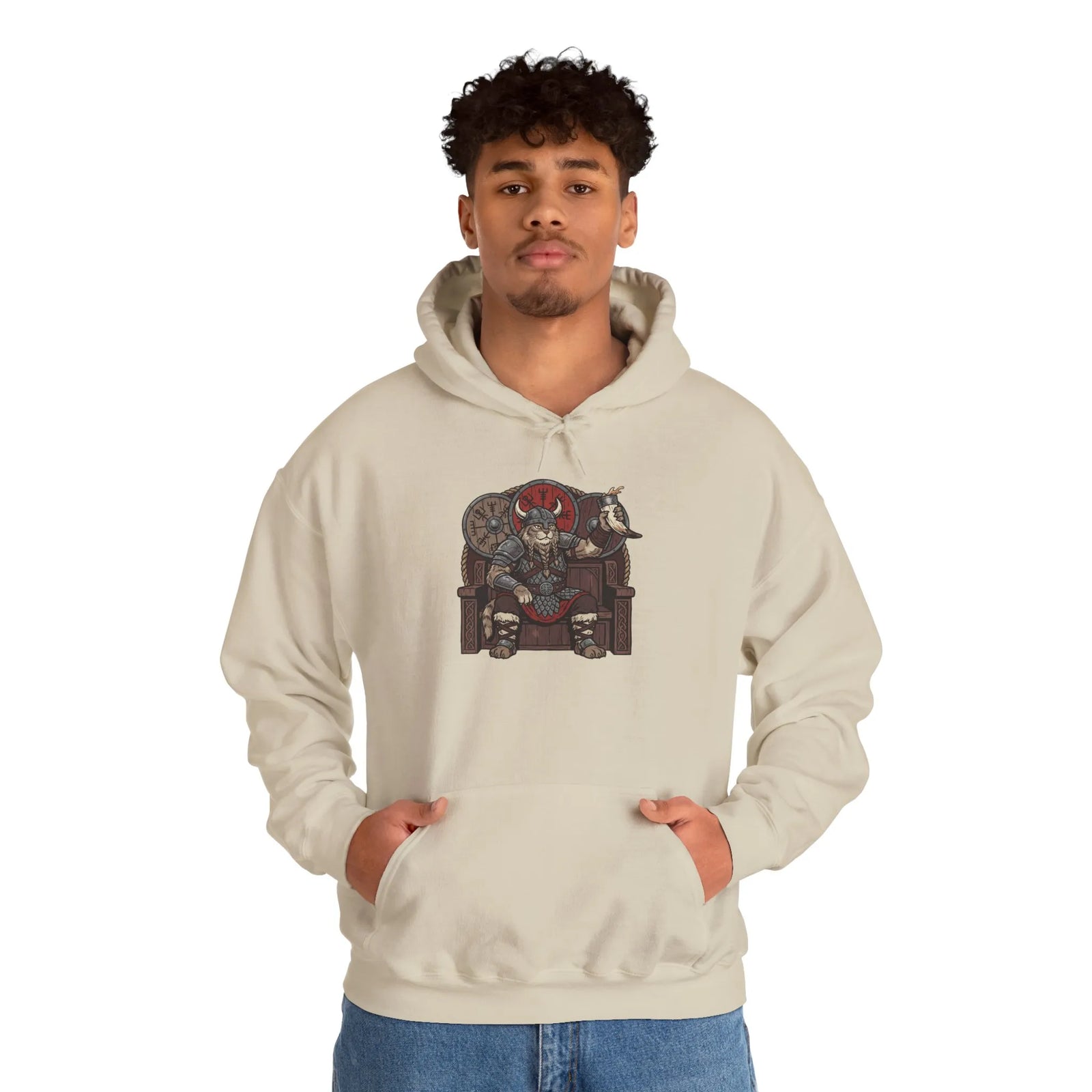 Viking Berserker Cat Graphic Hoodie - Cozy Heavy Blend Fleece Pullover - Unisex Sport Grey