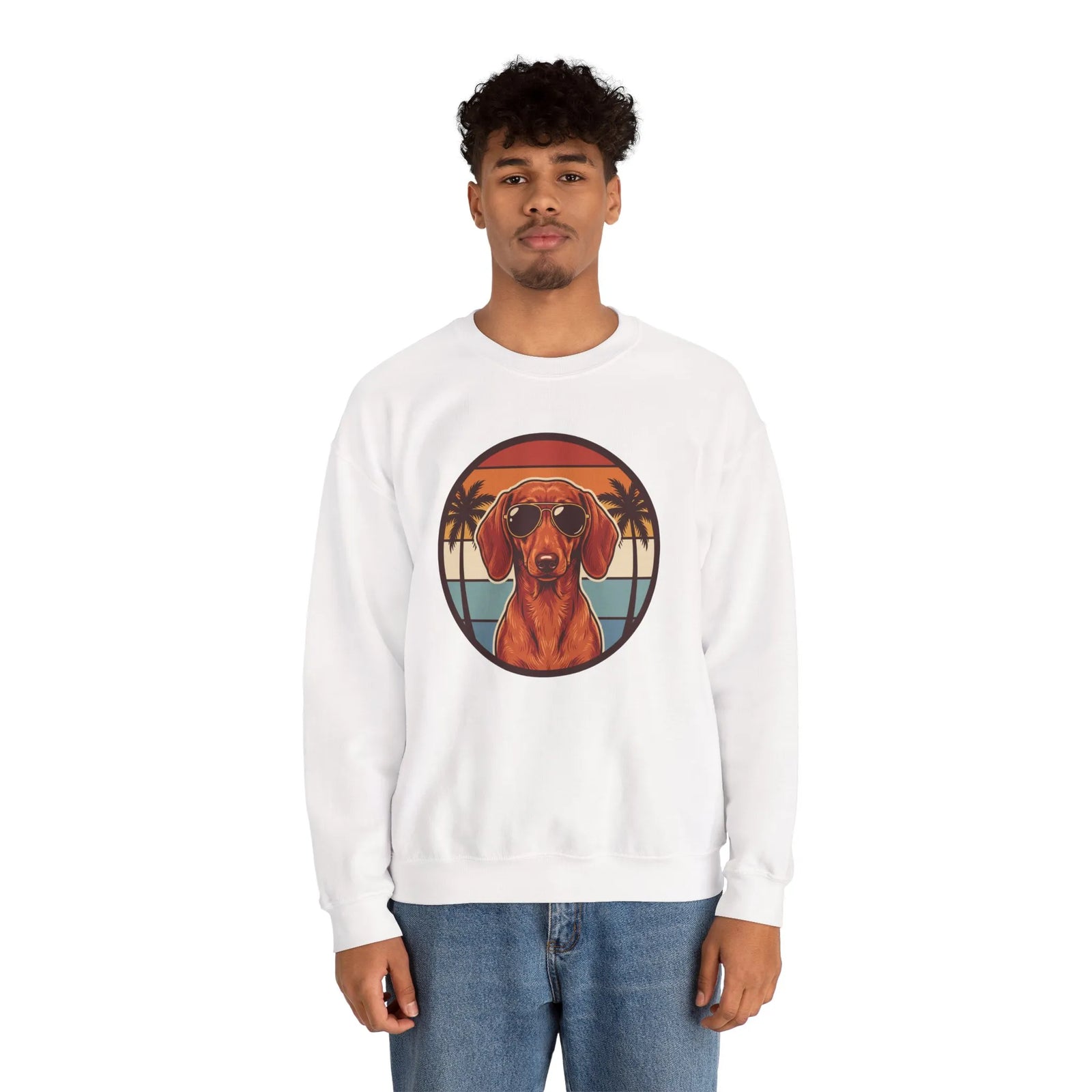 Dachshund Sunset Aviators Sweatshirt - Heavy Blend Fleece Crewneck - Unisex White