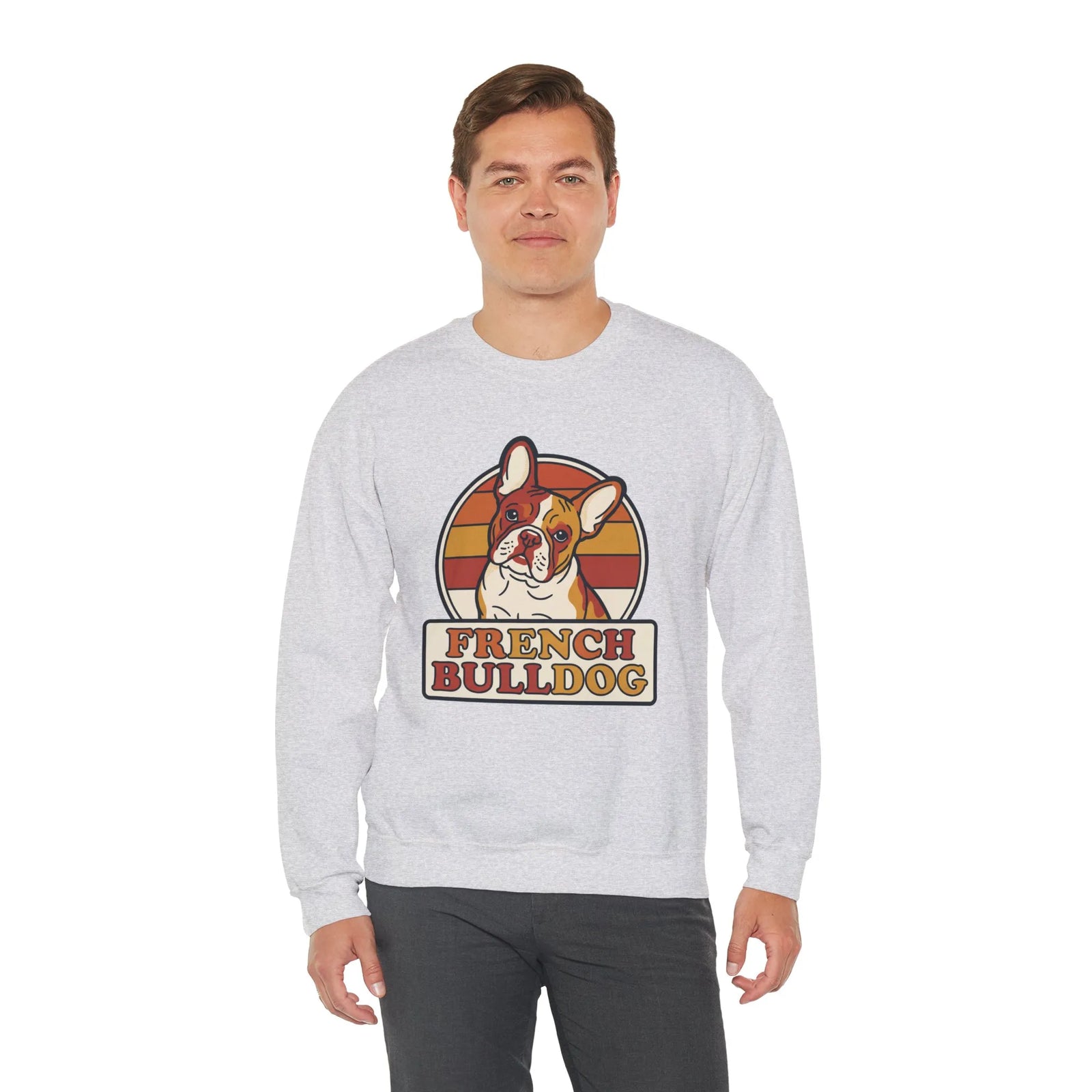 French Bulldog Retro Sunset Sweatshirt - Heavy Blend Classic Fit Crewneck - Unisex White