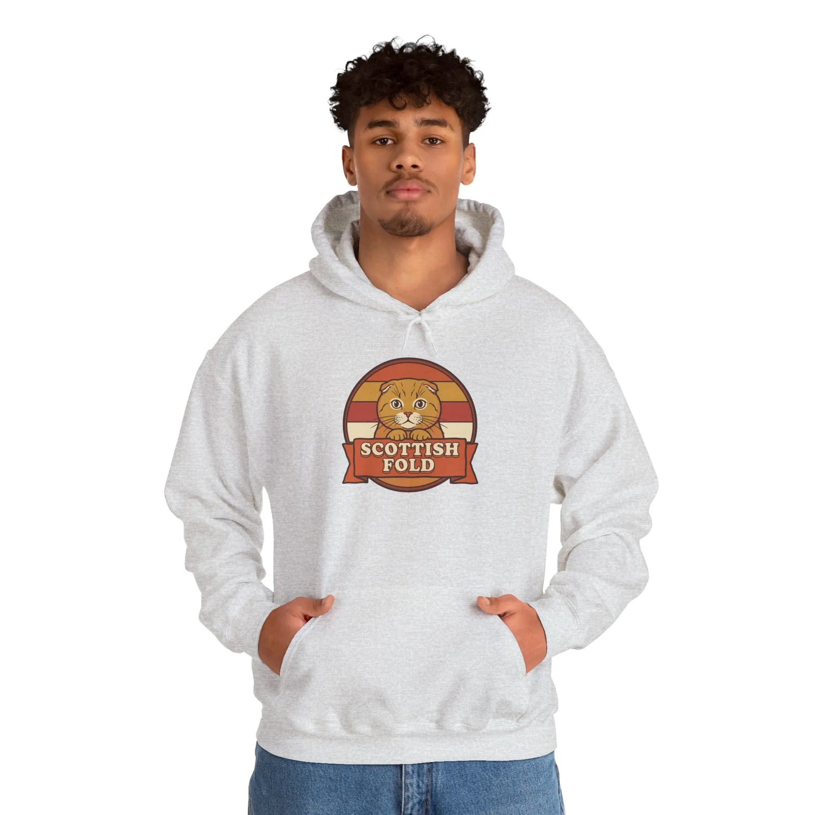Scottish Fold Retro Sunset Hoodie - Heavy Blend Cotton-Poly Pullover - Unisex White