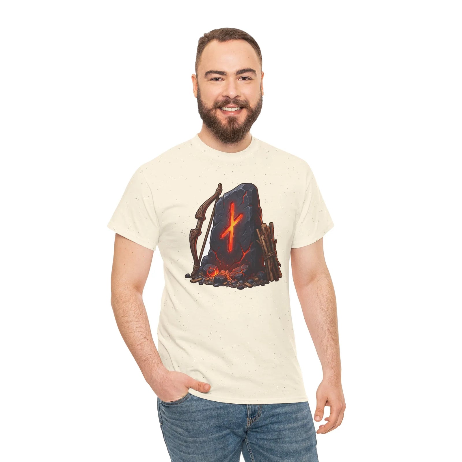 Nauthiz Rune Need-Fire Graphic T-Shirt - Heavyweight 100% Cotton Classic Fit - Unisex White