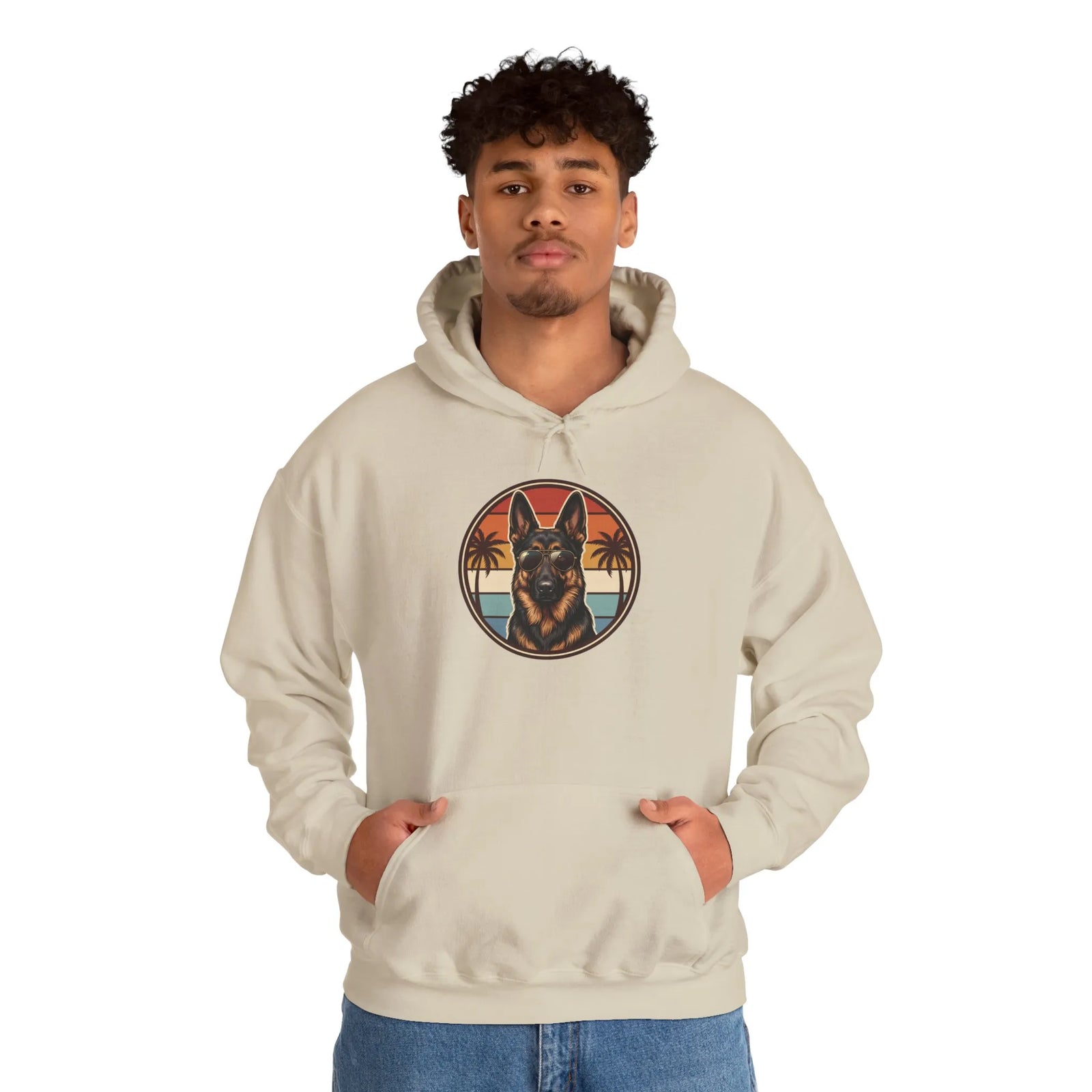 German Shepherd Aviator 70s Sunset Hoodie - Heavy Blend Fleece Pullover - Unisex White