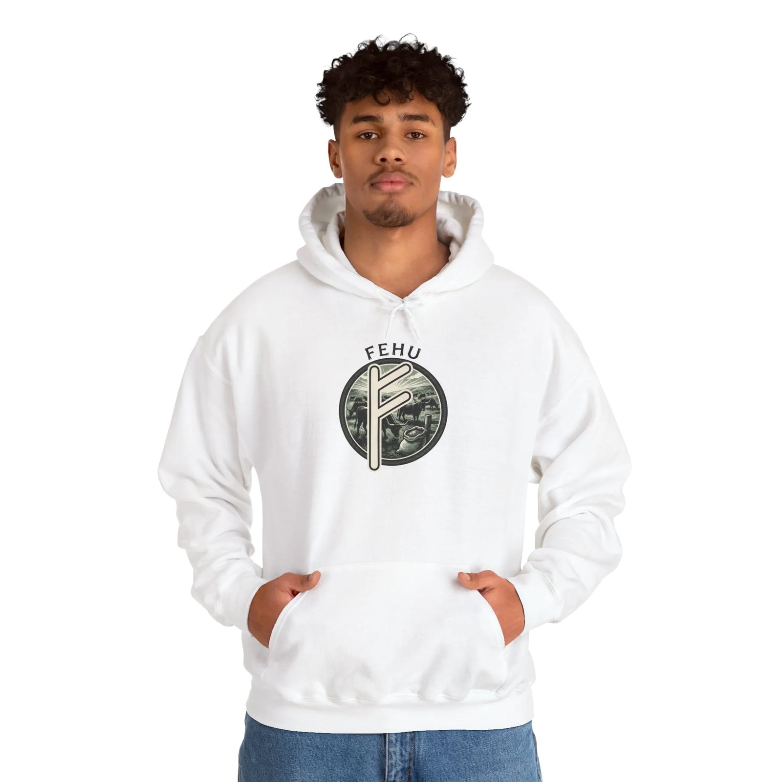 Fehu Runic Wealth Symbol Hoodie - Soft Cotton-Poly Blend Pullover - Unisex White