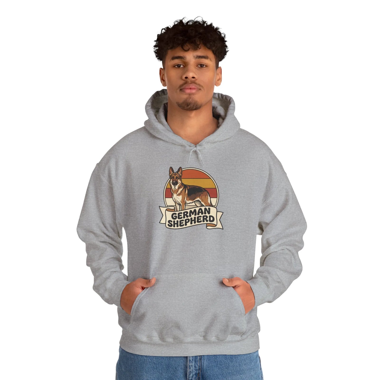 German Shepherd Retro Sunset Hoodie - Soft Cotton-Poly Blend Fleece - Unisex White