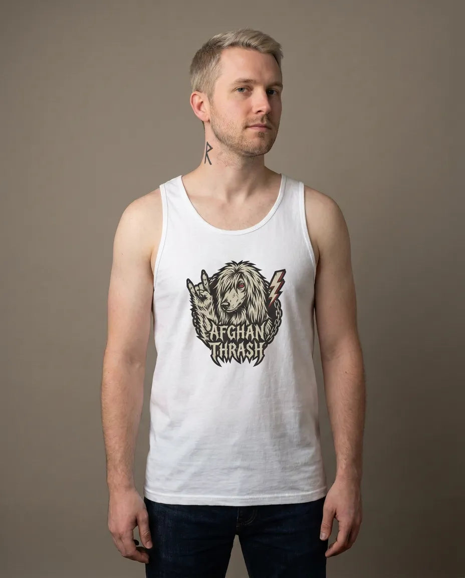 Headbanger Rocker Dogs Graphic Tank Top - Soft Combed Cotton Jersey - Unisex White
