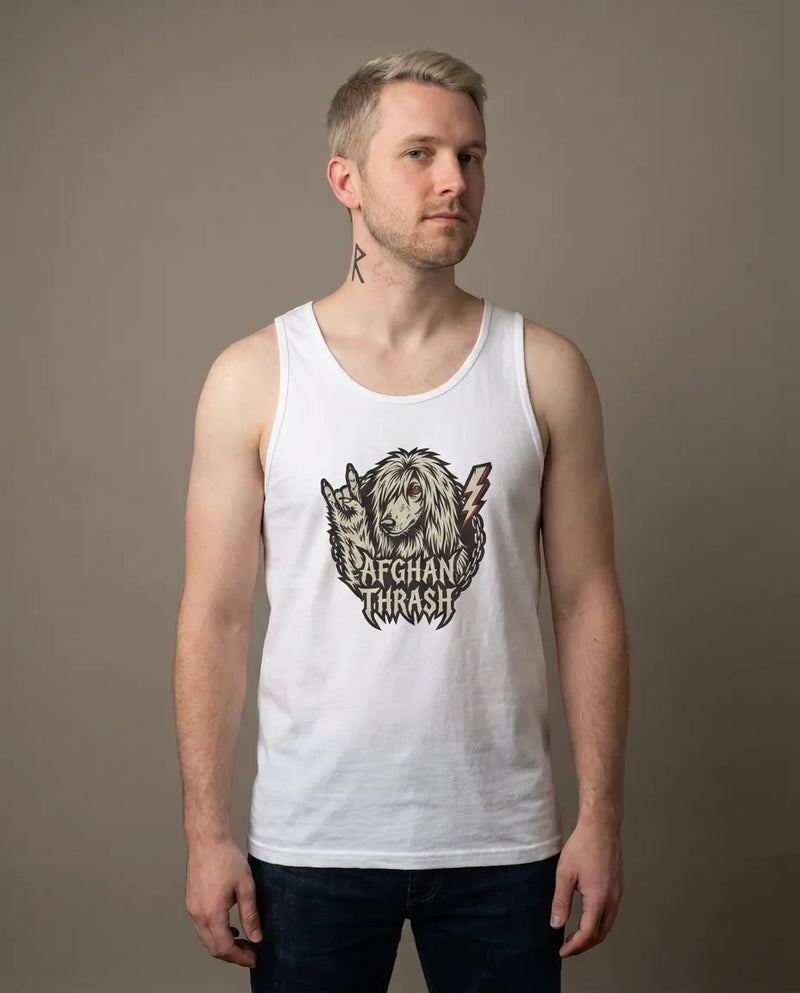 Headbanger Rocker Dogs Graphic Tank Top - Soft Combed Cotton Jersey - Unisex White