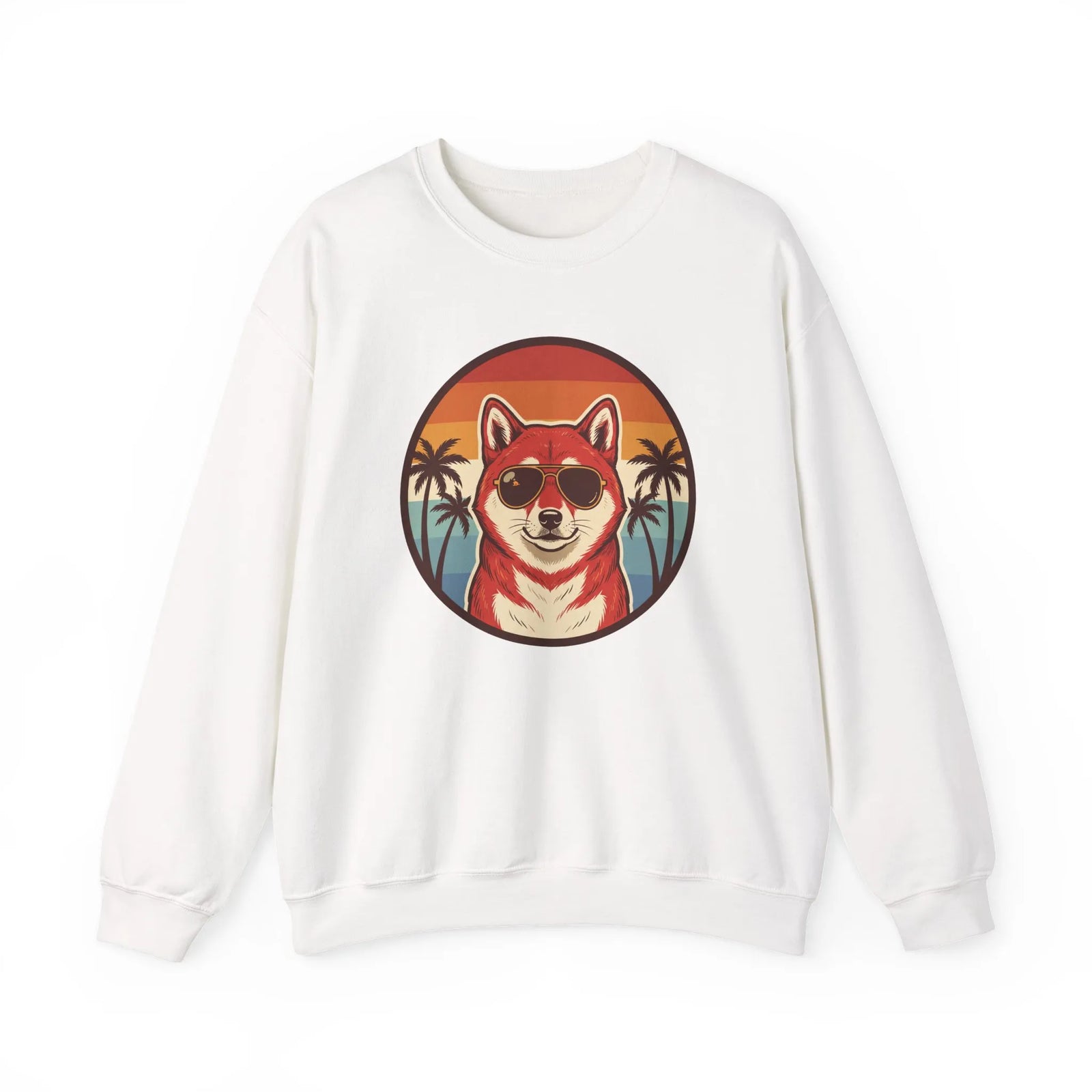 Shiba Inu Cool Dog 70s Sunset Sweatshirt - Heavy Blend Fleece Crewneck - Unisex White