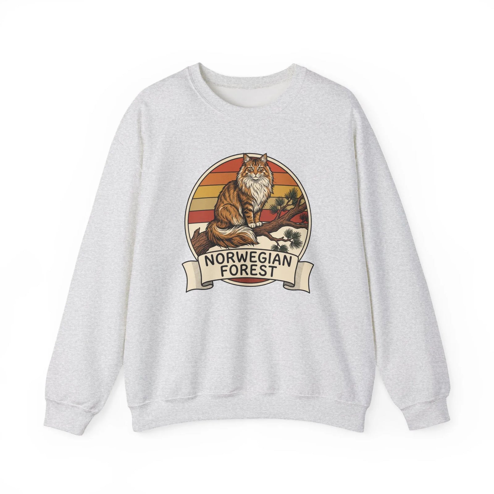 Norwegian Forest Cat Retro Sunset Sweatshirt - Heavy Blend Fleece Crewneck - Unisex White