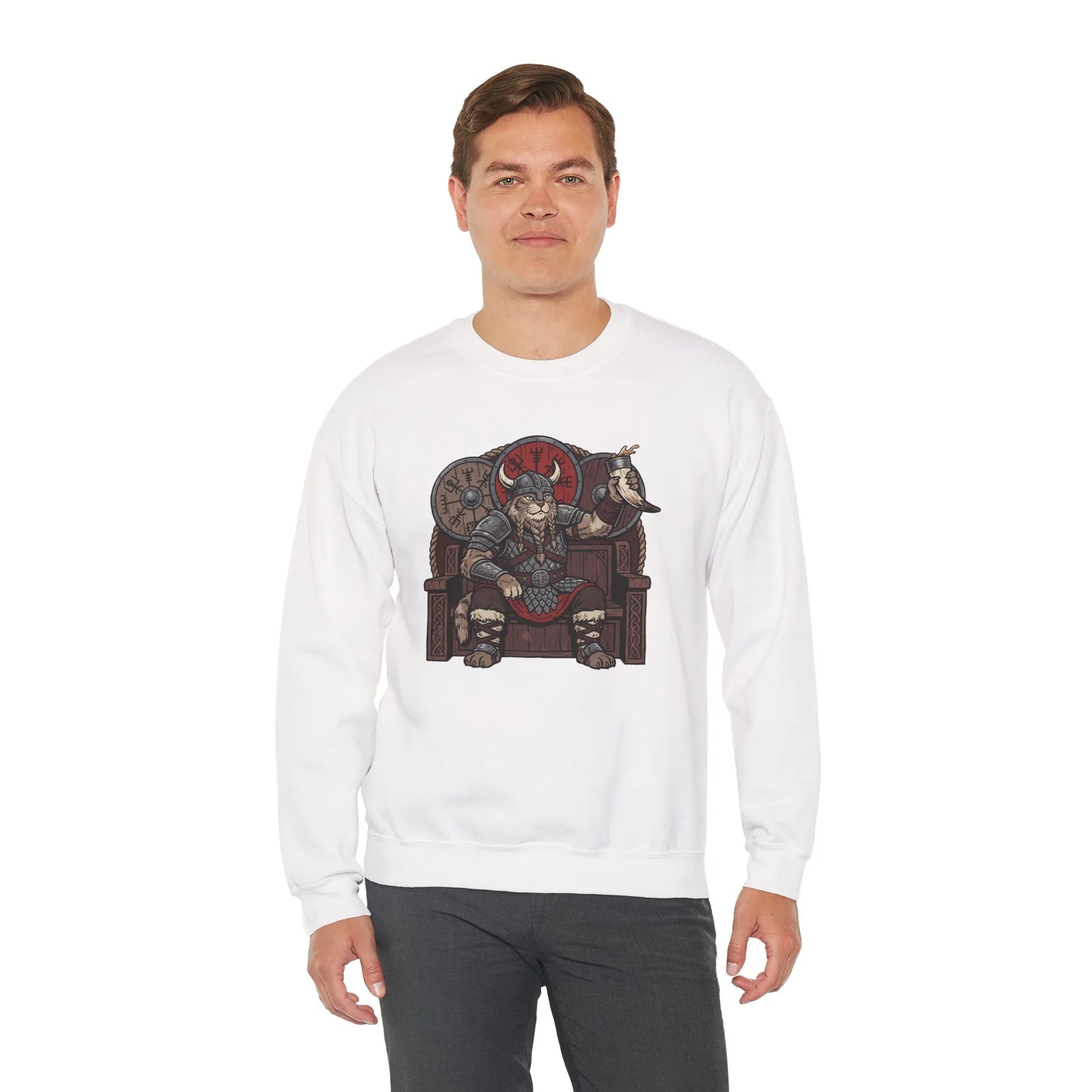 Viking Berserker Cats Graphic Sweatshirt - Heavy Blend Classic Fit Crewneck - Unisex White