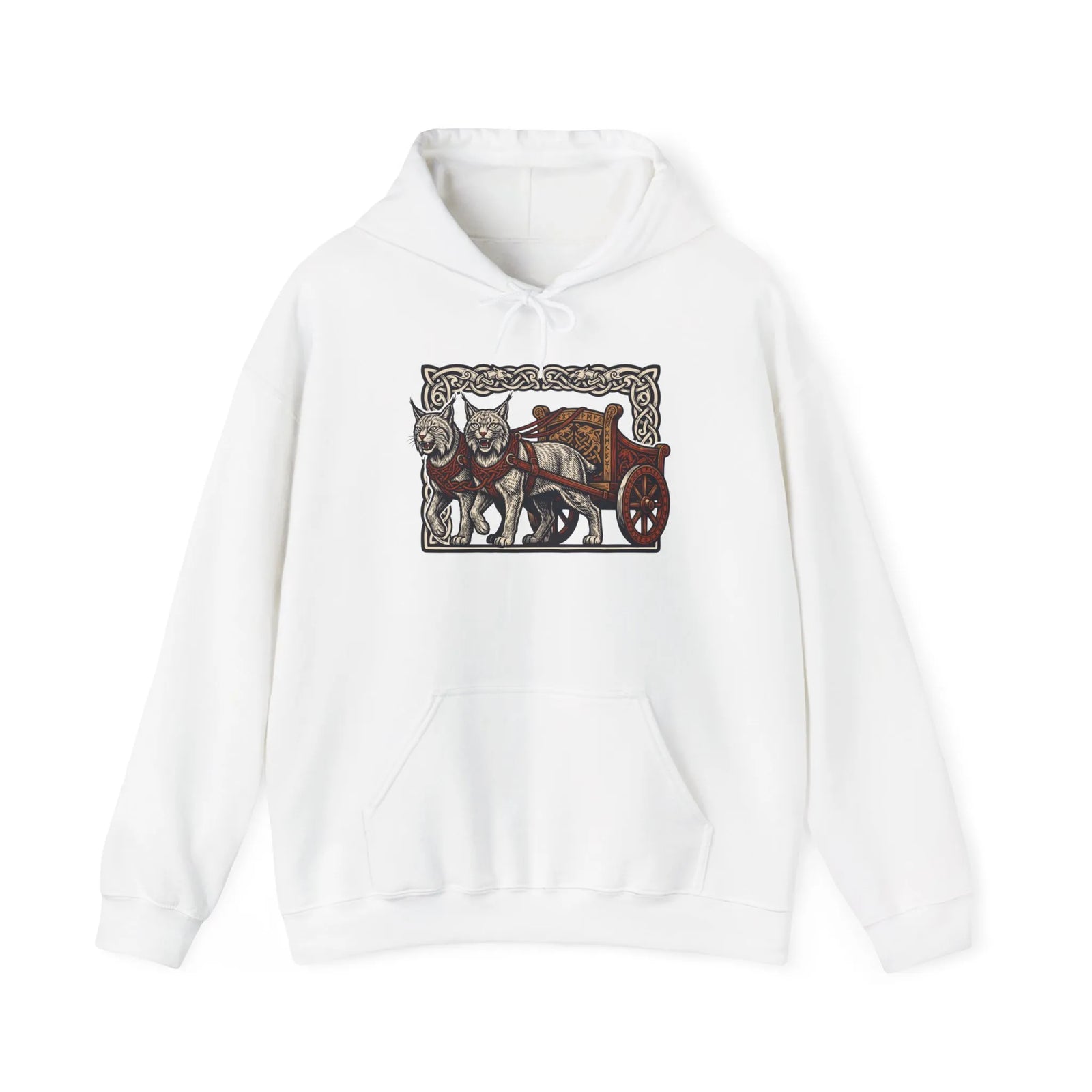 Freyja's Sacred Cats Chariot Graphic Hoodie - Cozy Fleece Pullover Hoodie - Unisex Off White