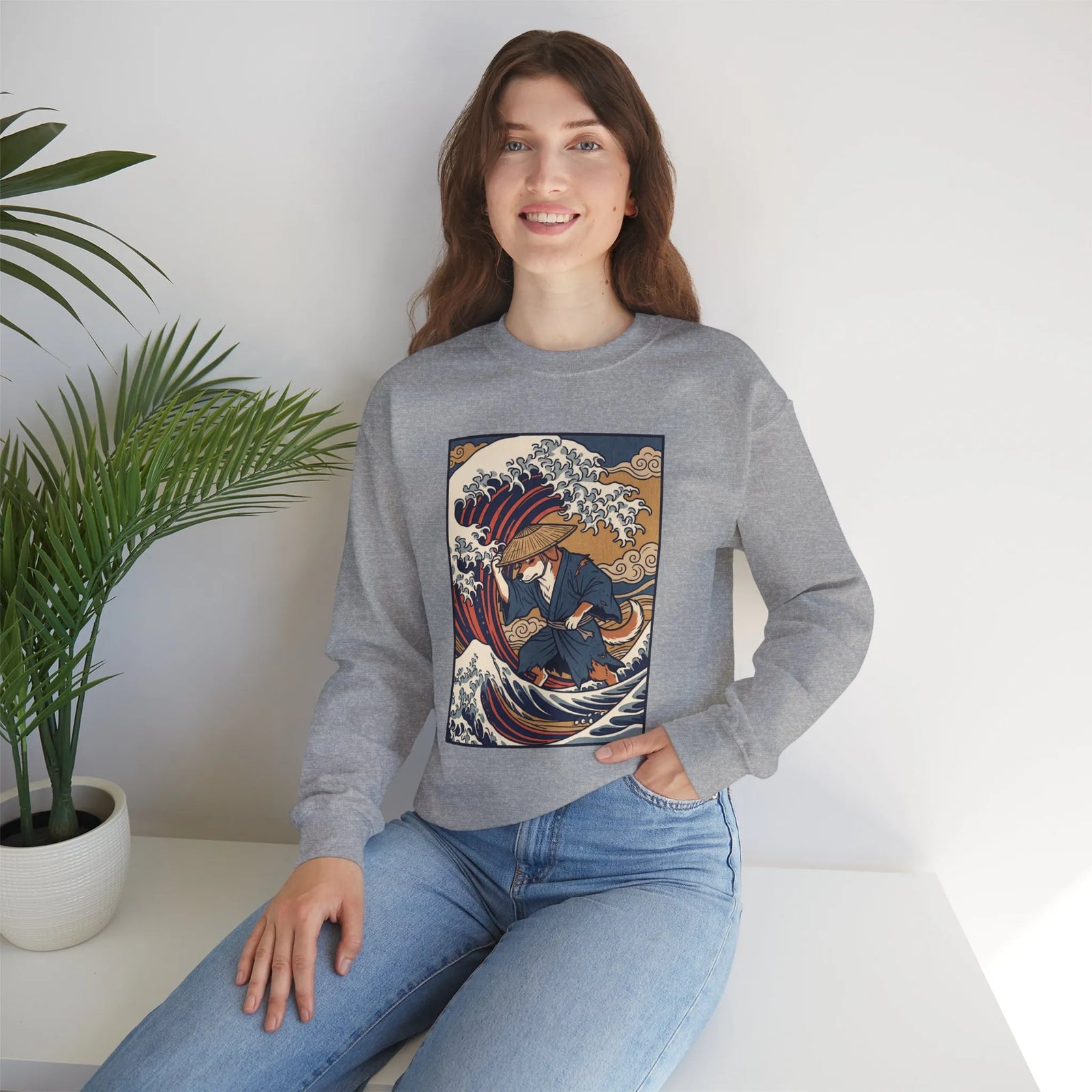 Ronin Wave Ukiyo-e Samurai Dog Sweatshirt - Heavyweight Cotton Blend Crewneck - Unisex White
