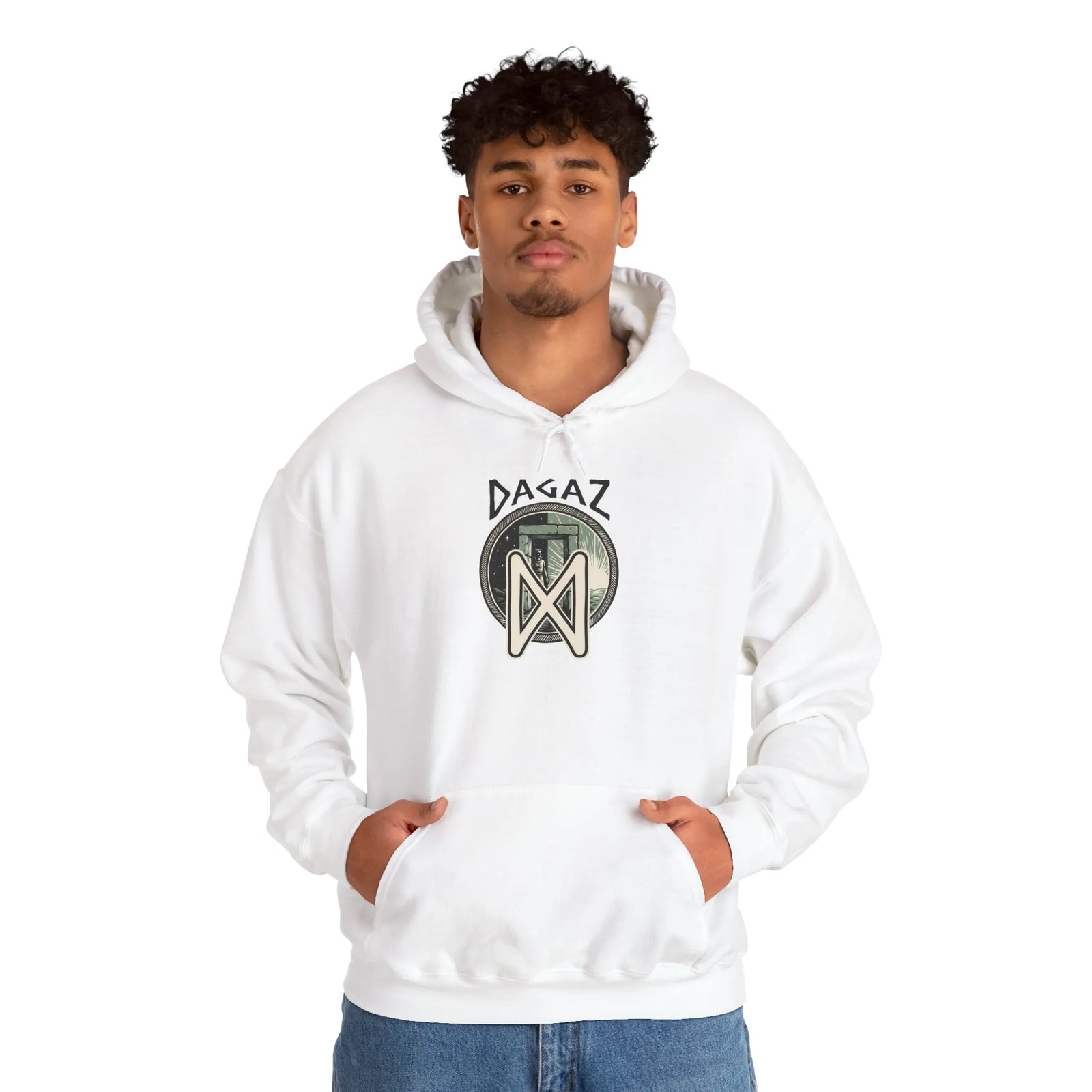Dagaz Rune Threshold Graphic Hoodie - Soft Cotton Blend Pullover - Unisex White