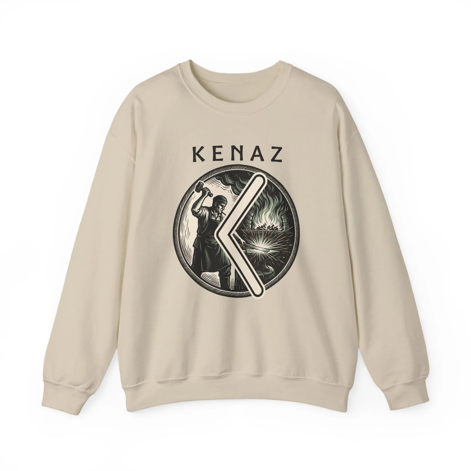 Kenaz Rune Blacksmith Forge Sweatshirt - Soft Cotton Blend Crewneck Fleece - Unisex White
