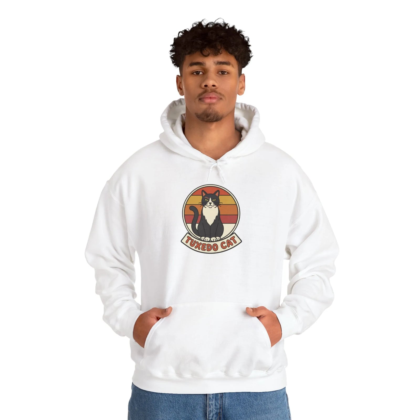 Tuxedo Cat Retro Sunset Hoodie - Soft Cotton Blend Pullover - Unisex White