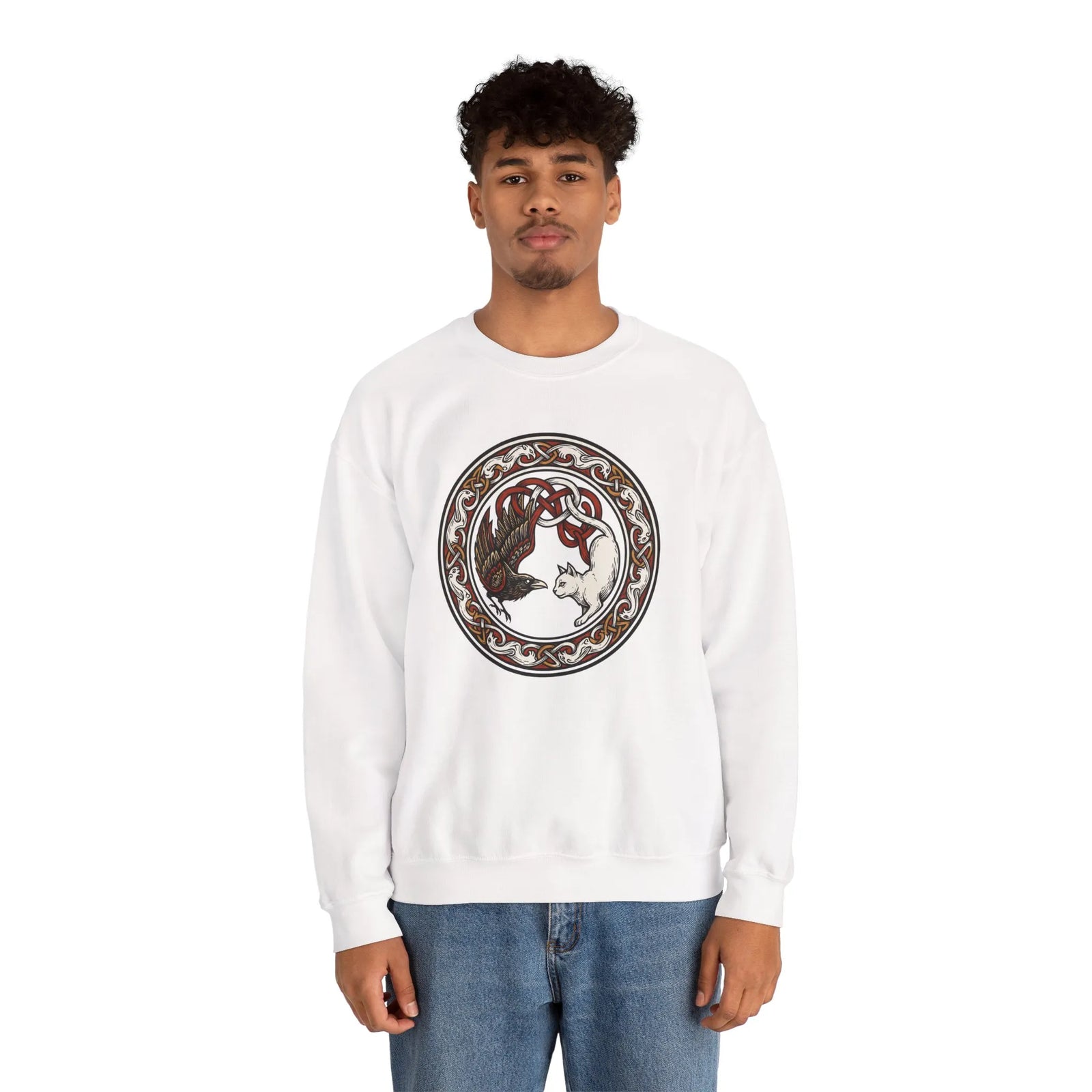 Norse Woodcut Cat & Raven Sweatshirt - Classic Fit Heavy Blend Crewneck - Unisex White