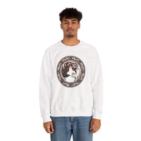 Norse Woodcut Cat & Raven Sweatshirt - Classic Fit Heavy Blend Crewneck - Unisex White