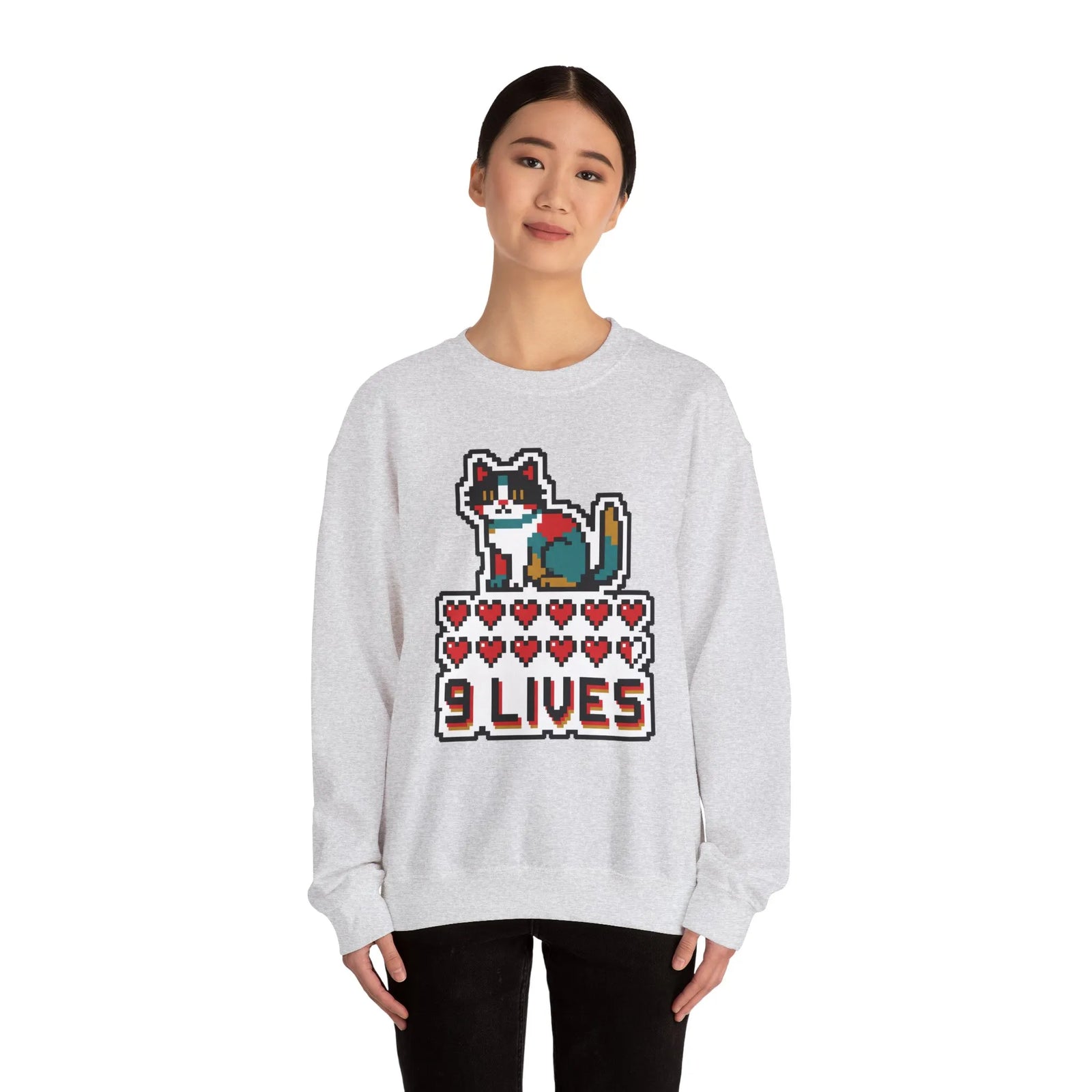 Nine Lives 8-Bit Pixel Gaming Cat Sweatshirt - Heavy Blend Fleece Crewneck - Unisex White