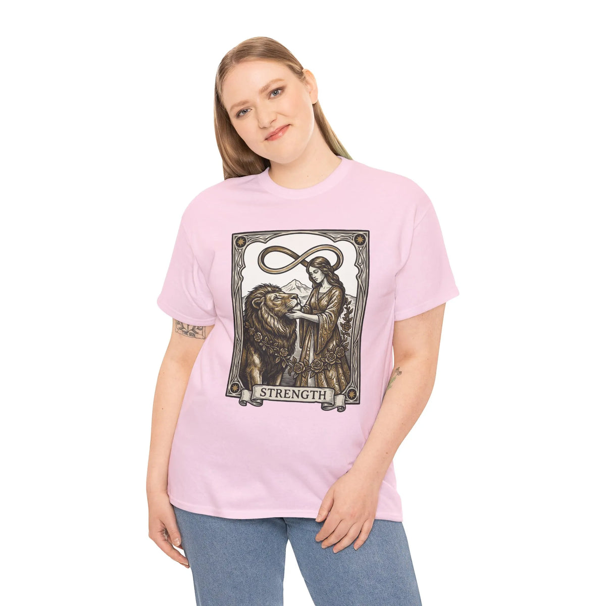 Tarot Strength Card Graphic T-Shirt - Heavy Cotton Classic Fit Crewneck - Unisex White