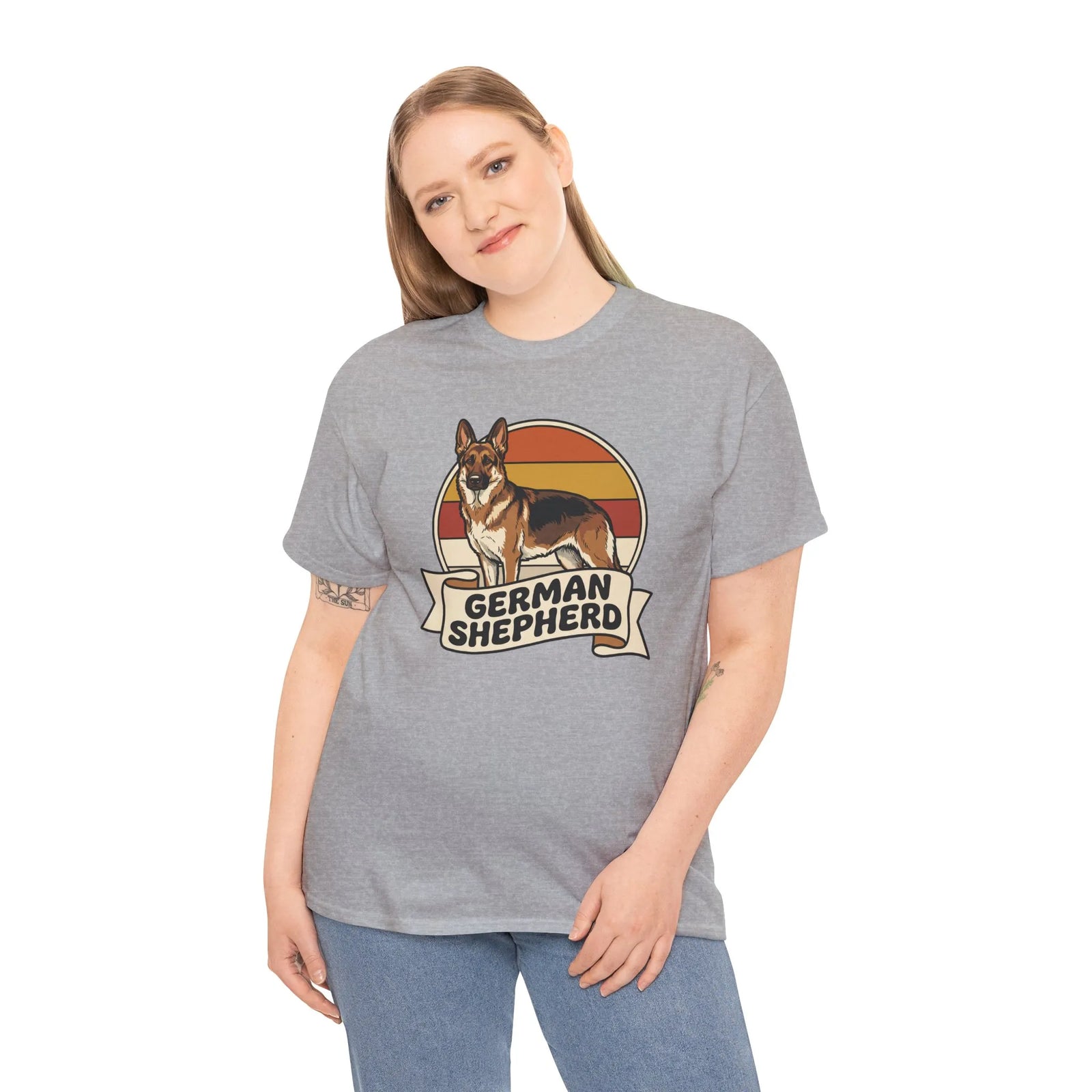 German Shepherd Retro 70s Sunset T-Shirt - Heavy Cotton Classic Fit Tee - Unisex White