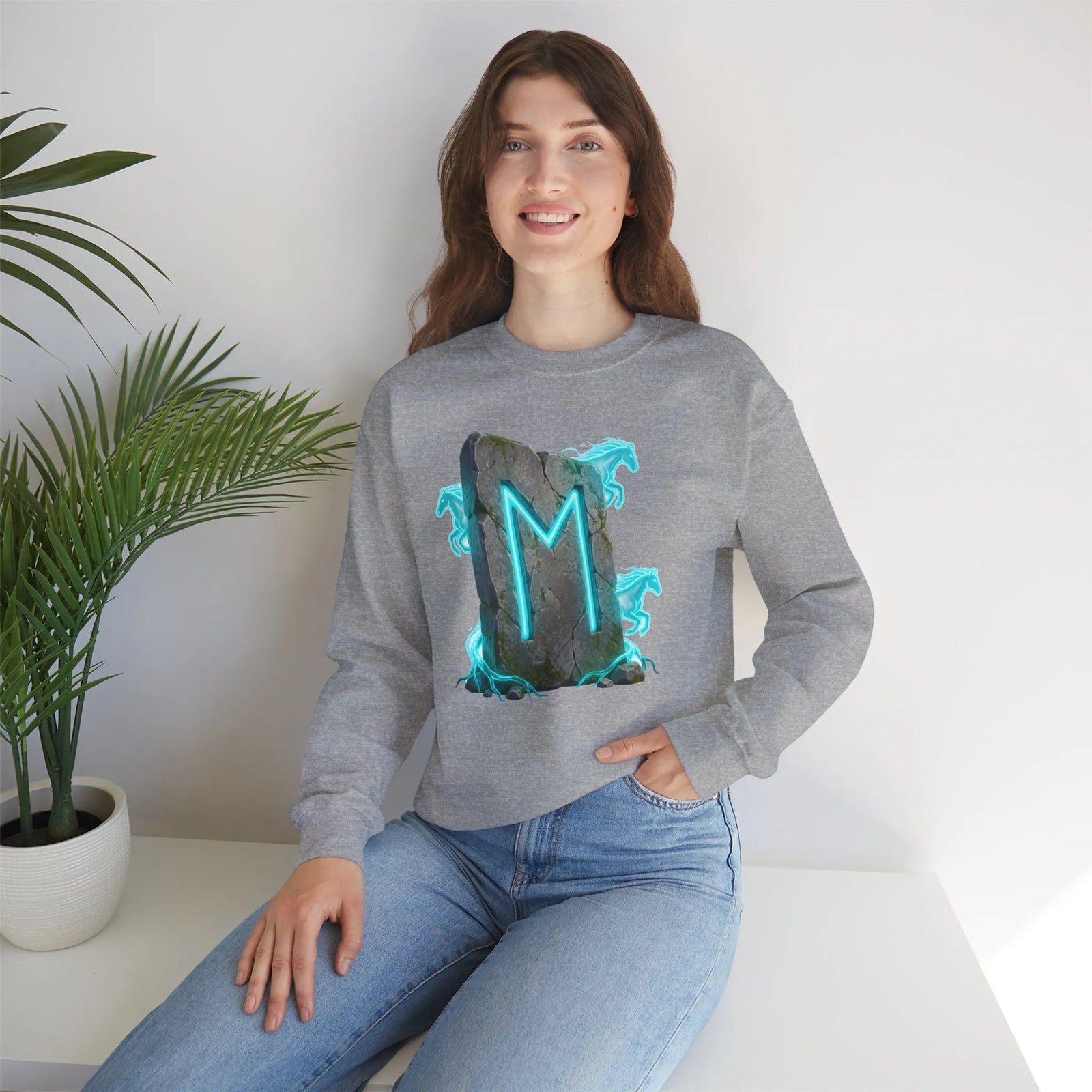 Ehwaz Rune Spirit Horse Sweatshirt - Heavy Blend Classic Fit Crewneck - Unisex White