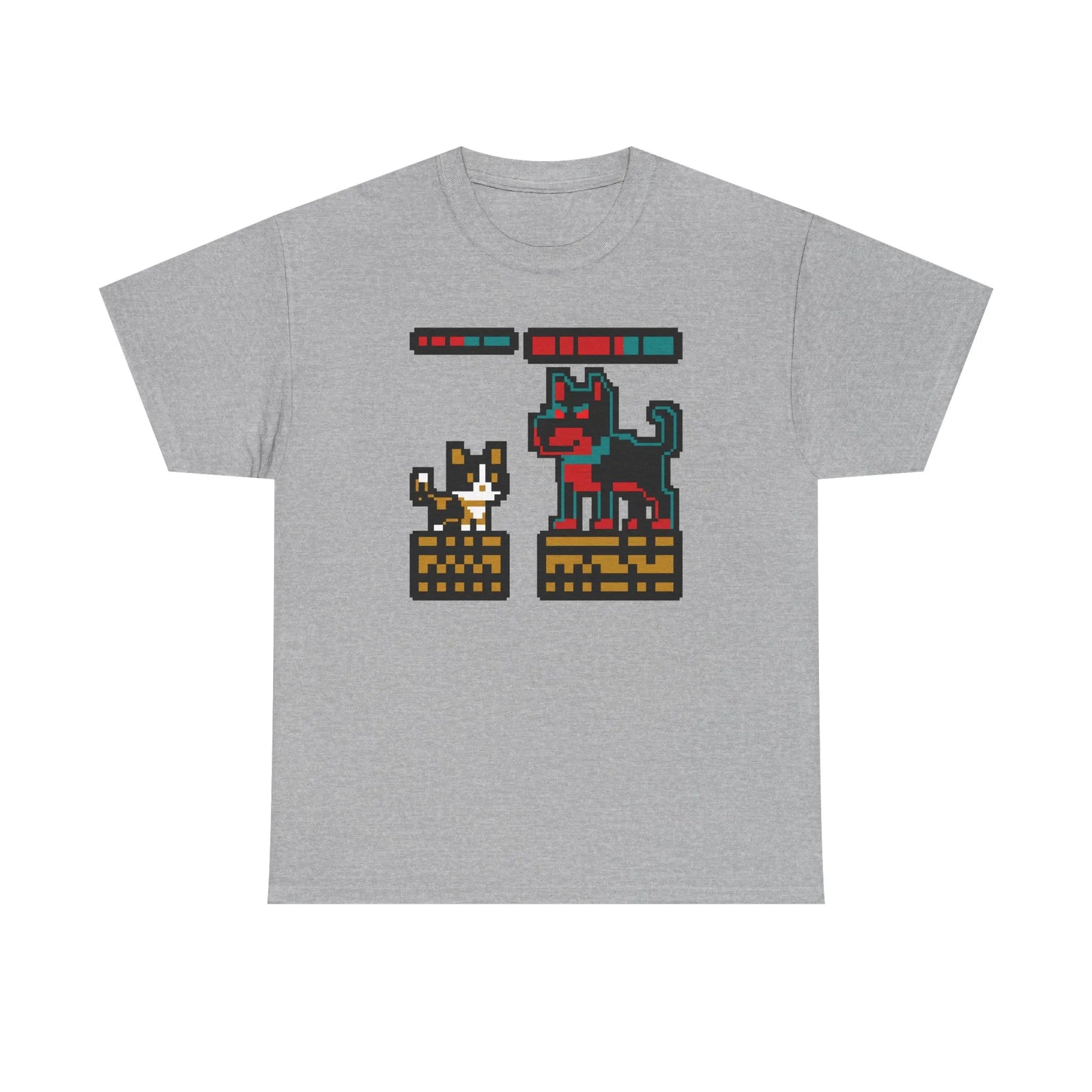 8-Bit Pixel Gaming Cats Boss Fight T-Shirt - Heavy Cotton Classic Fit Tee - Unisex White
