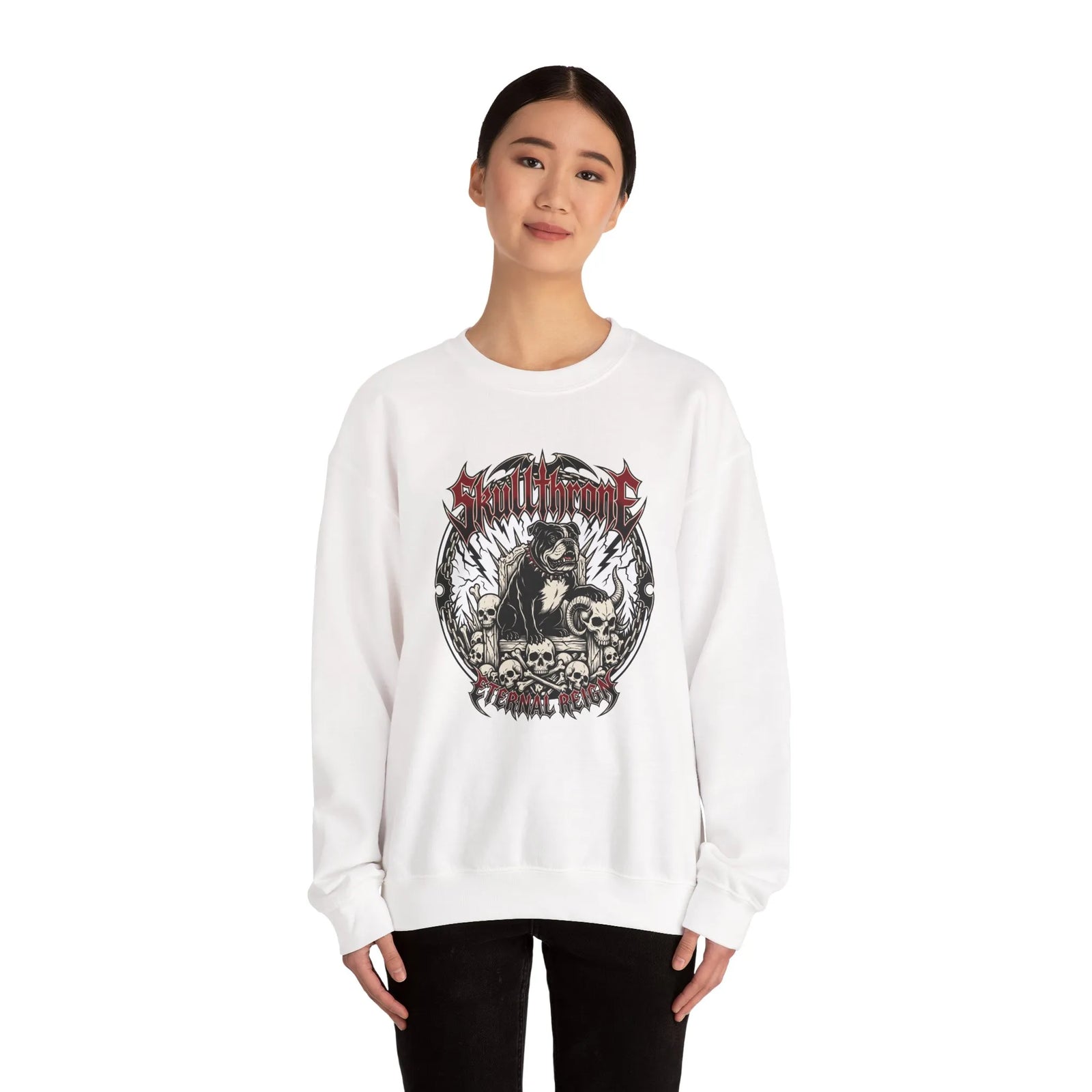 Skull Throne Heavy Metal Rocker Dogs Sweatshirt - Heavy Blend Cotton Poly Crewneck - Unisex White