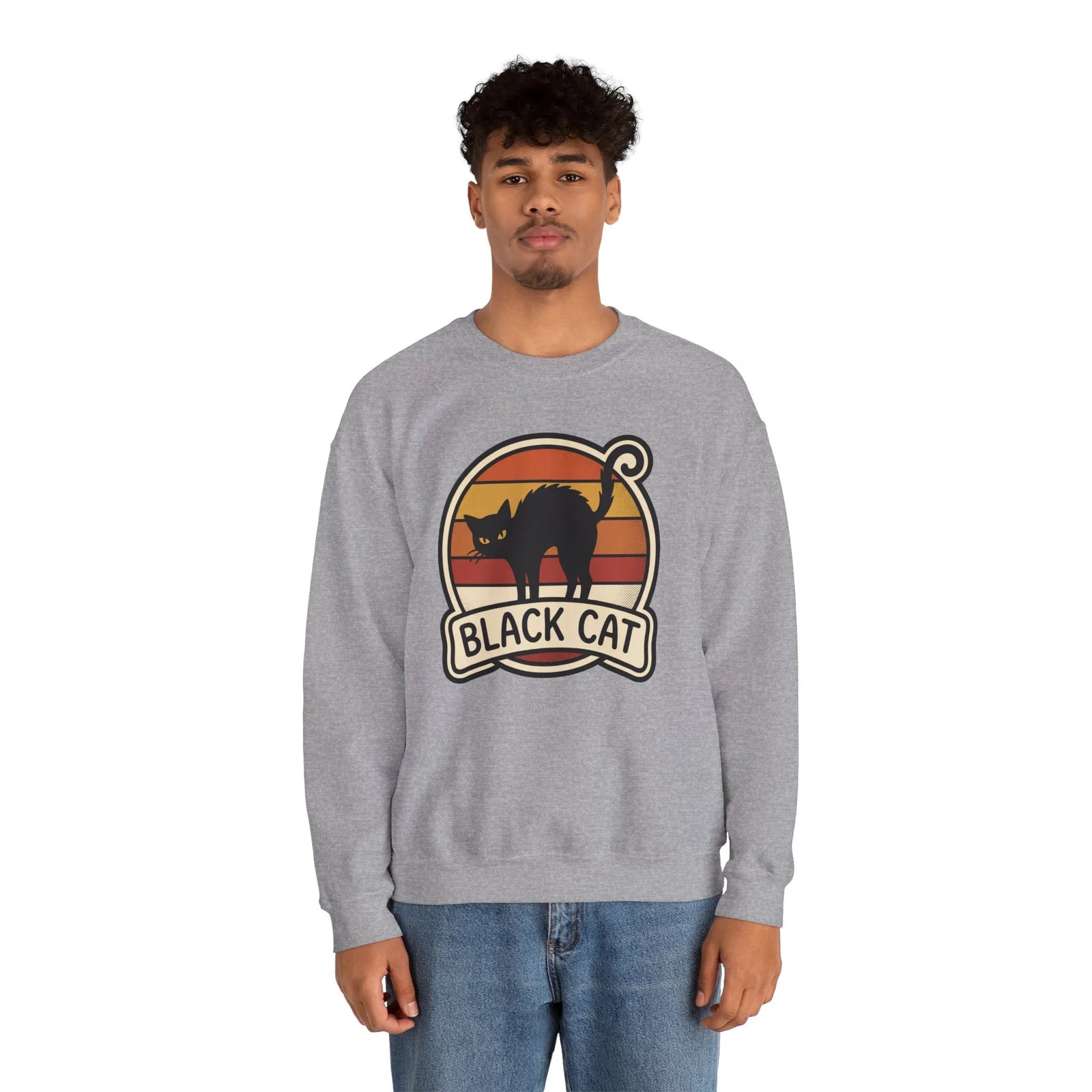 Black Cat Retro Sunset Sweatshirt - Heavy Blend Crewneck Fleece - Unisex White