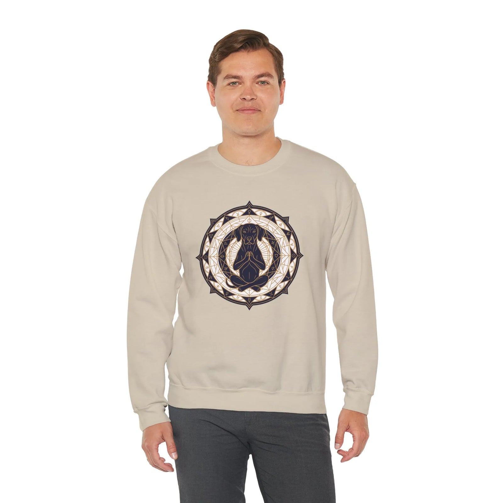 Meditating Dog Sacred Geometry Sweatshirt - Heavy Blend Fleece Crewneck - Unisex White