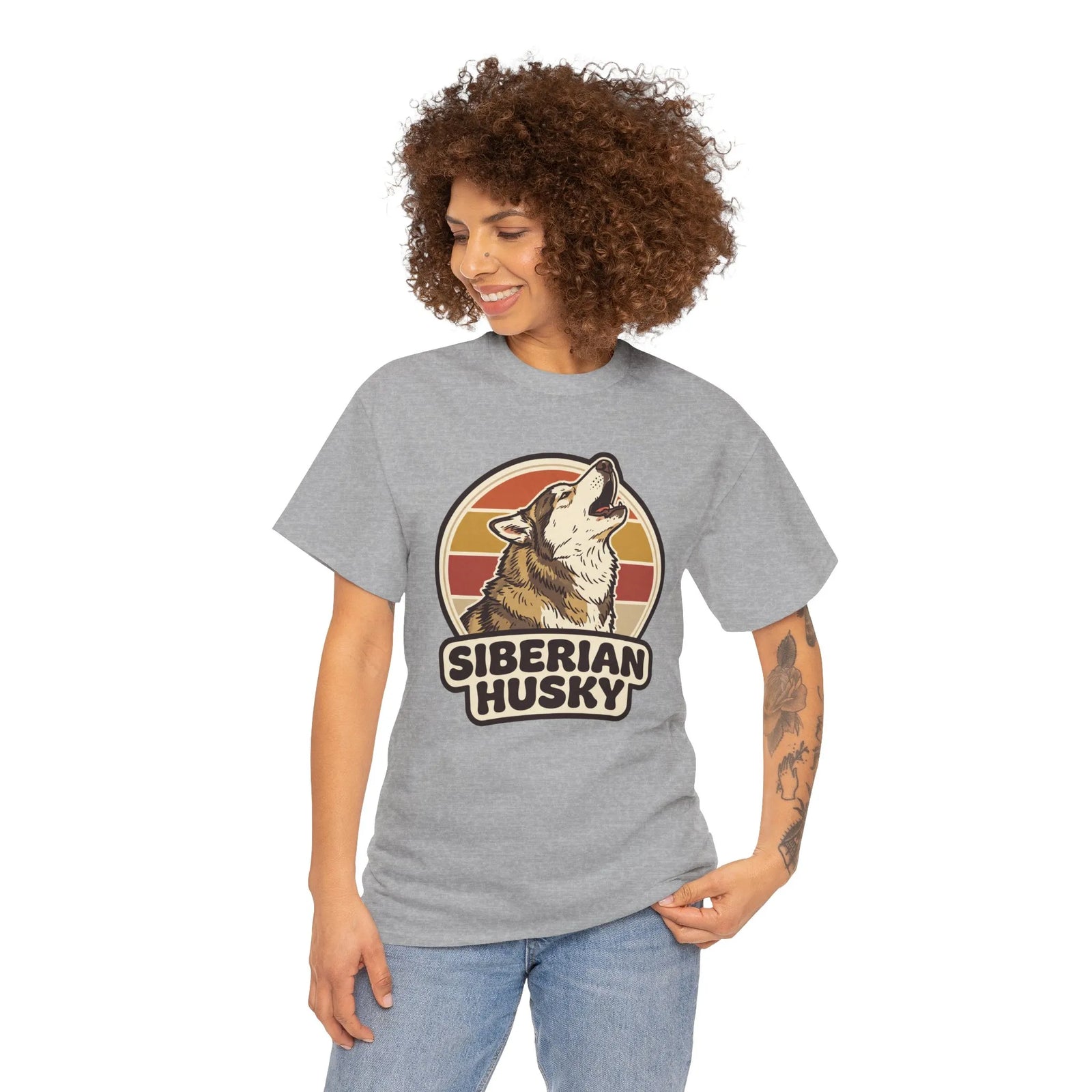 Siberian Husky Retro Sunset T-Shirt - Heavy Cotton Classic Fit Tee - Unisex White