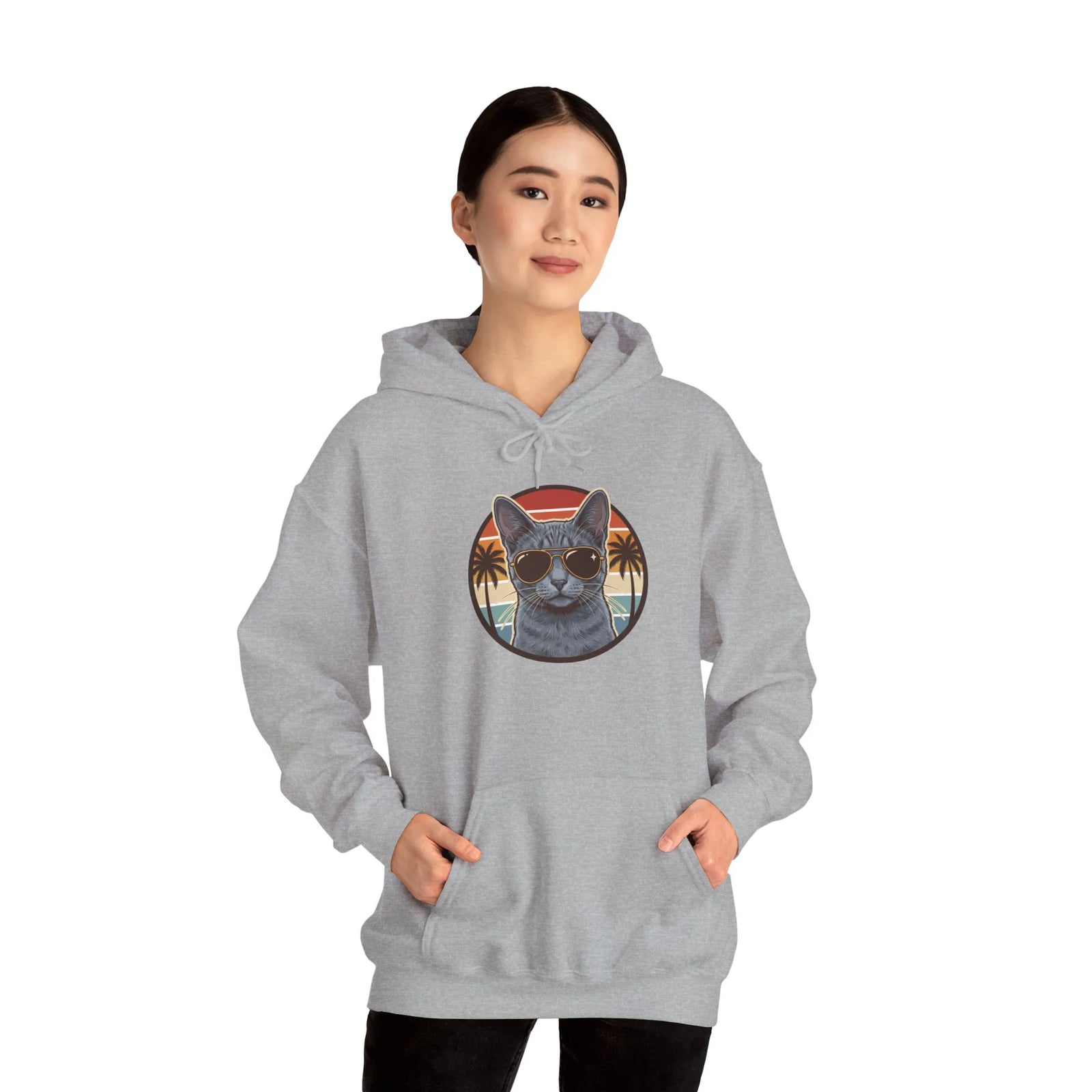 Russian Blue Aviator Cat 70s Sunset Hoodie - Soft Blend Fleece Pullover - Unisex White