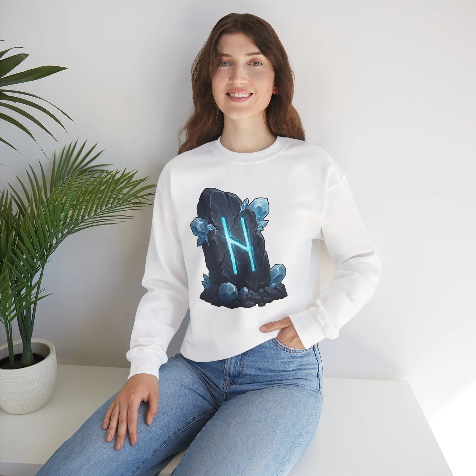 Hagalaz Rune Stone Graphic Sweatshirt - Heavy Blend Fleece Crewneck - Unisex White