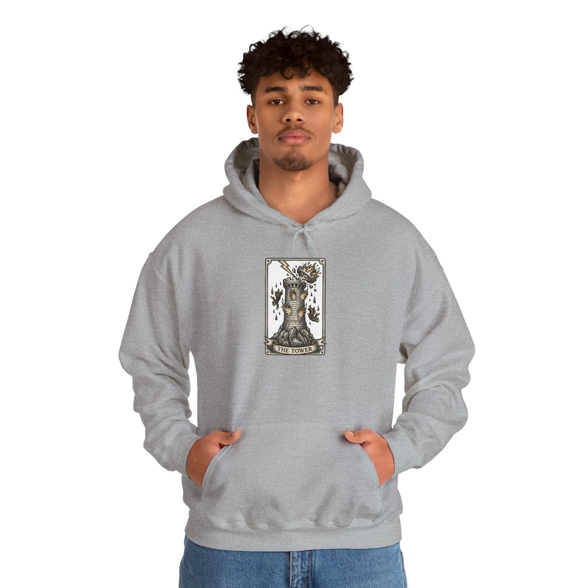 The Tower Tarot Card Hoodie - Heavy Blend Fleece Pullover - Unisex White