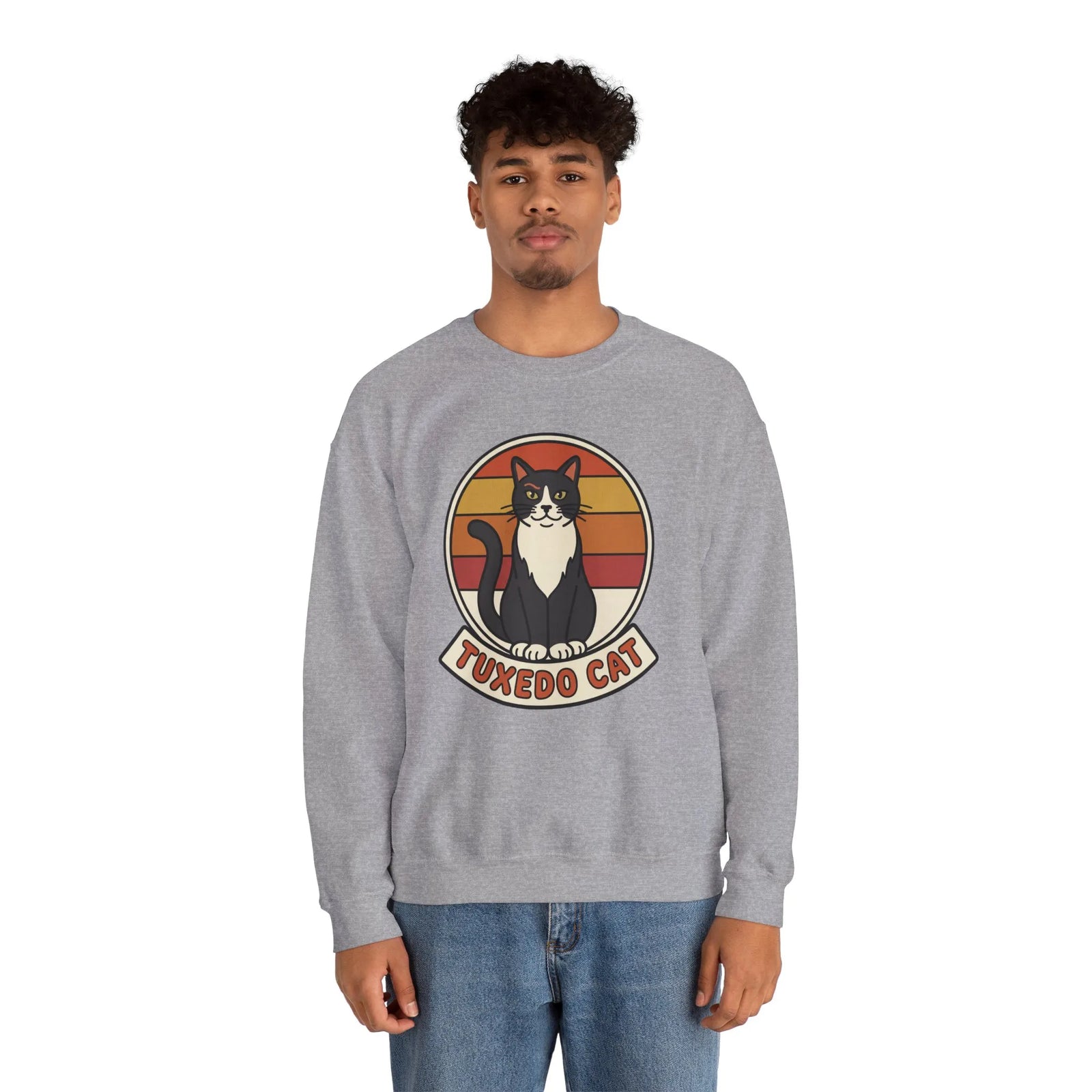 Tuxedo Cat Retro Sunset Sweatshirt - Heavy Blend Fleece Crewneck - Unisex Ash