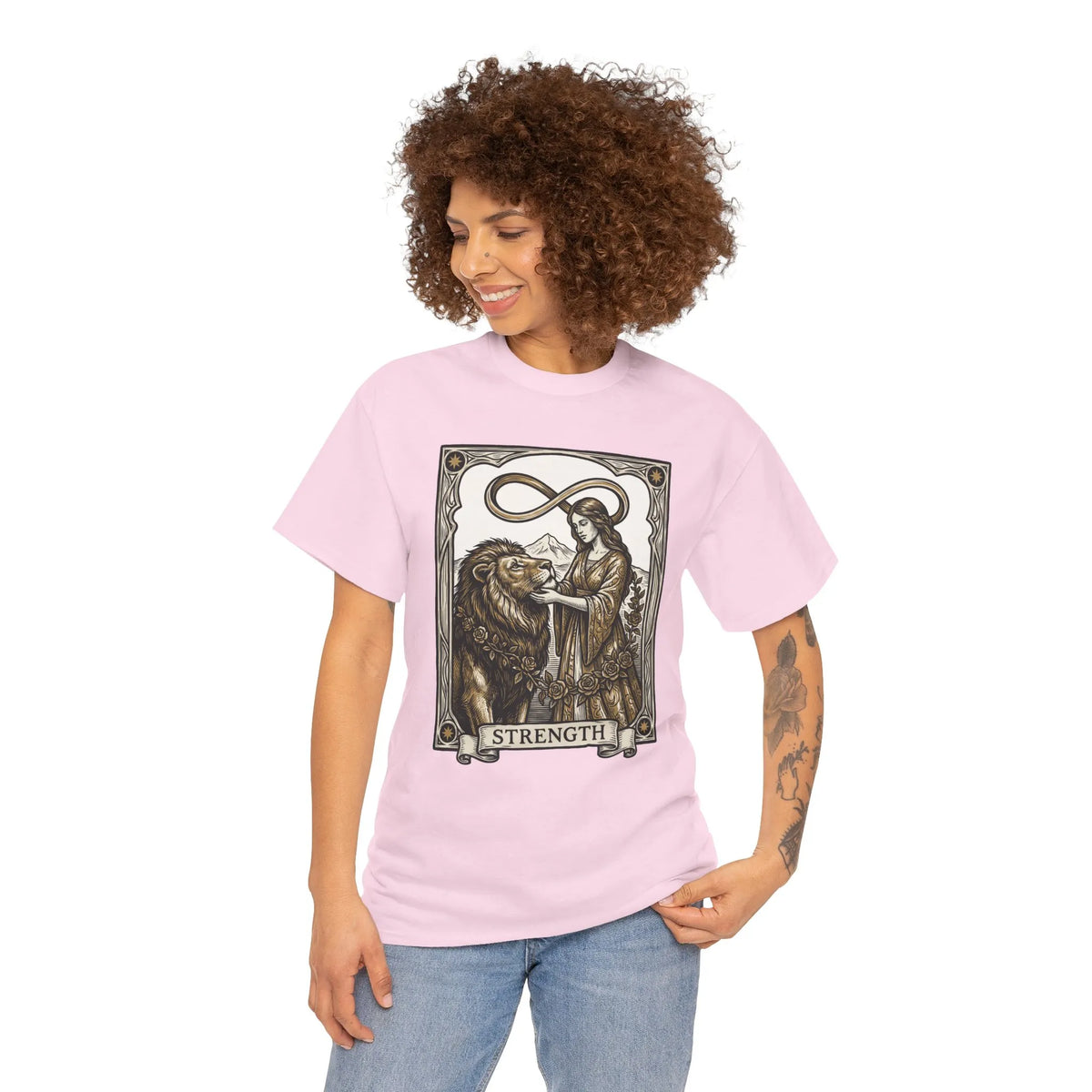 Tarot Strength Card Graphic T-Shirt - Heavy Cotton Classic Fit Crewneck - Unisex White