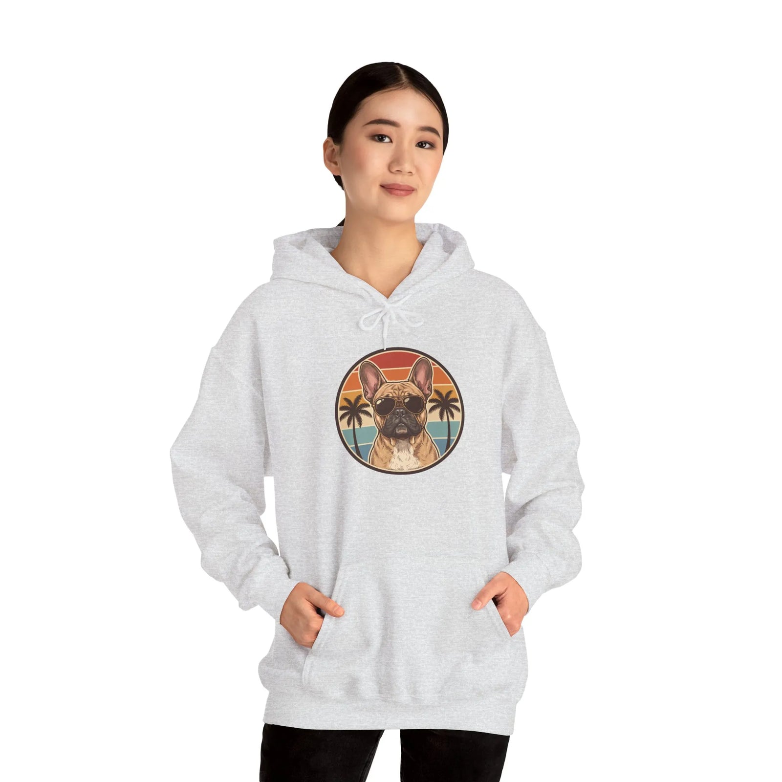 French Bulldog Sunset Aviator Hoodie - Soft Cotton Blend Fleece Pullover - Unisex White