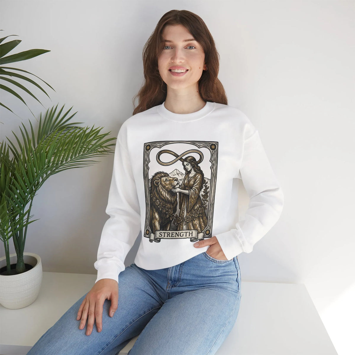 Strength Tarot Card Sweatshirt - Heavy Blend Crewneck Fleece - Unisex White
