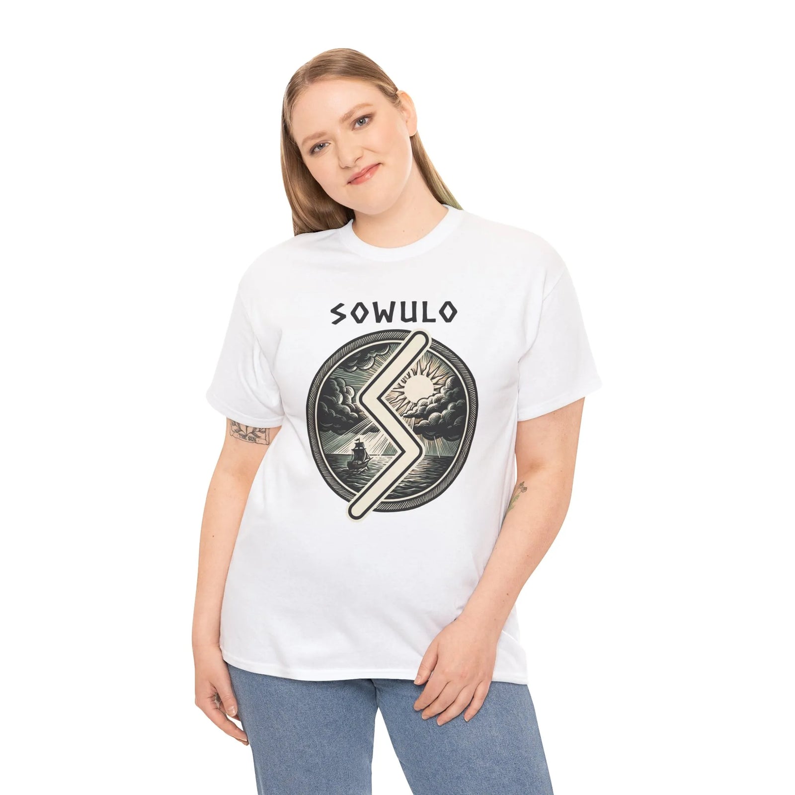 Sowulo Rune Sun & Sea Graphic T-Shirt - Heavy Cotton Classic Fit Tee - Unisex White