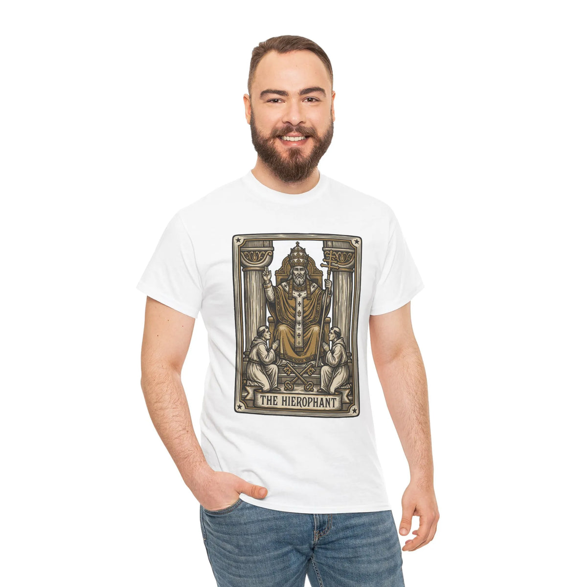 Hierophant Tarot Card Graphic T-Shirt - Heavy Cotton Classic Fit Tee - Unisex White