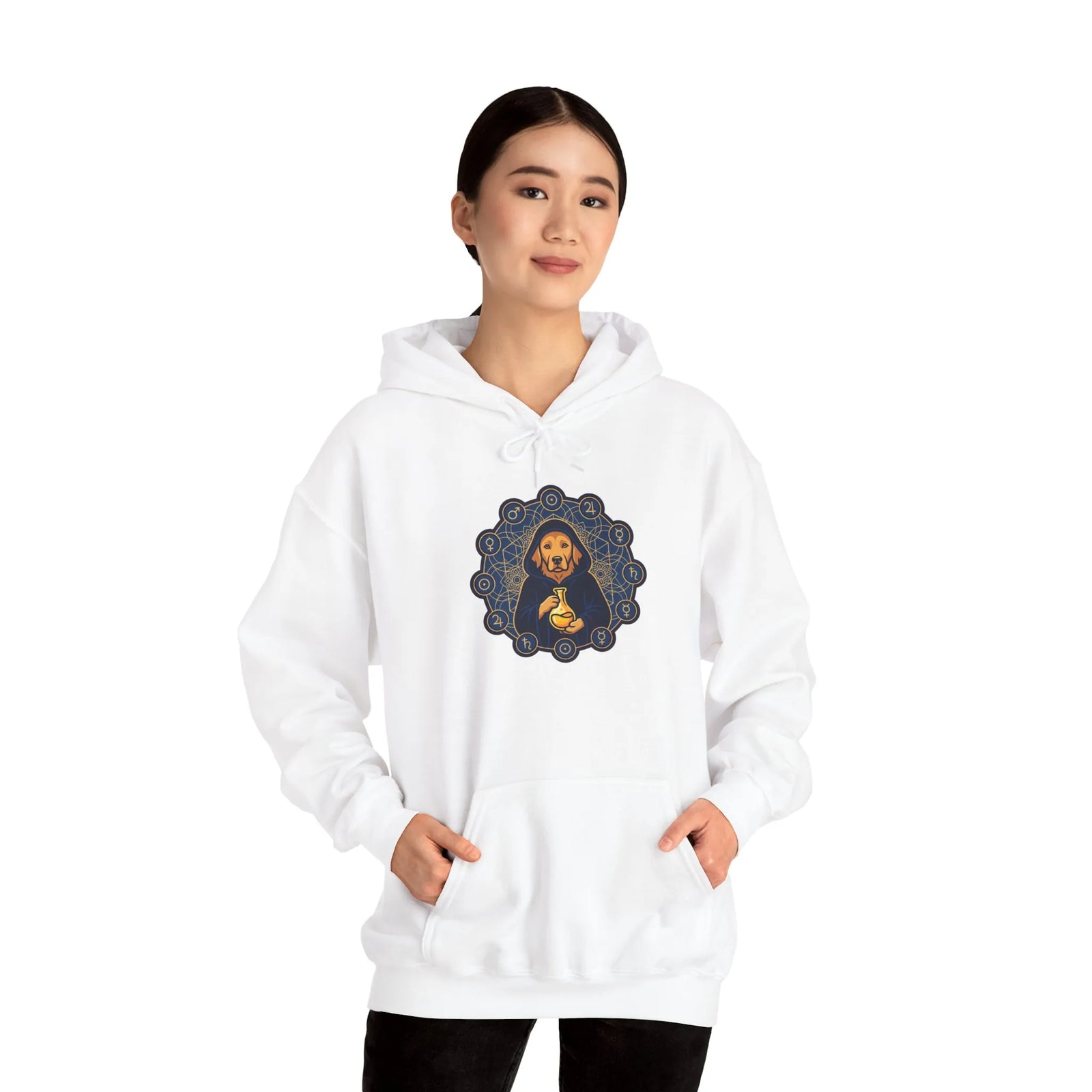 Alchemist Dog Sacred Geometry Hoodie - Midweight Cotton-Poly Pullover - Unisex White