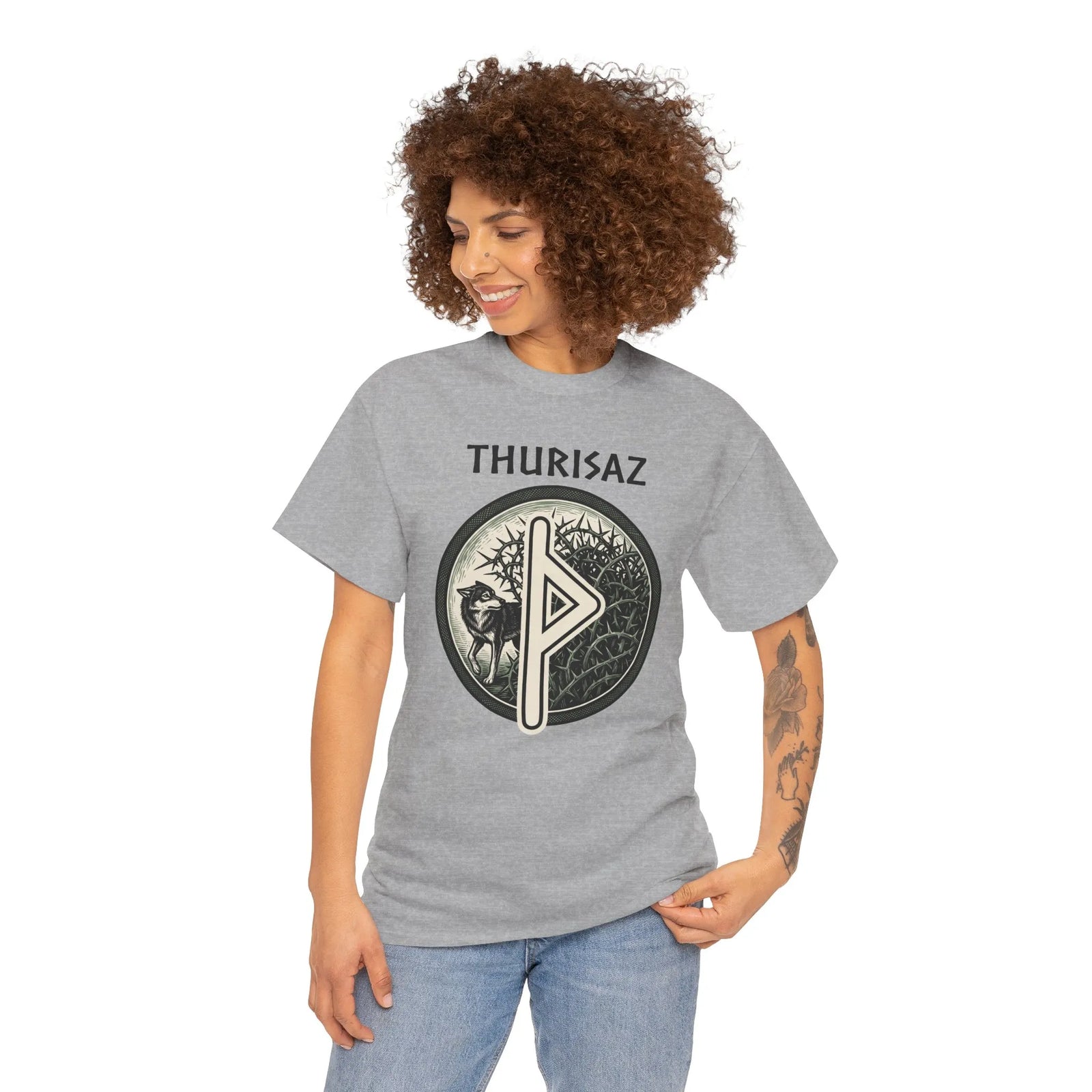 Thurisaz Rune Wolf Thorn T-Shirt - Medium Weight 100% Cotton Tee - Unisex White