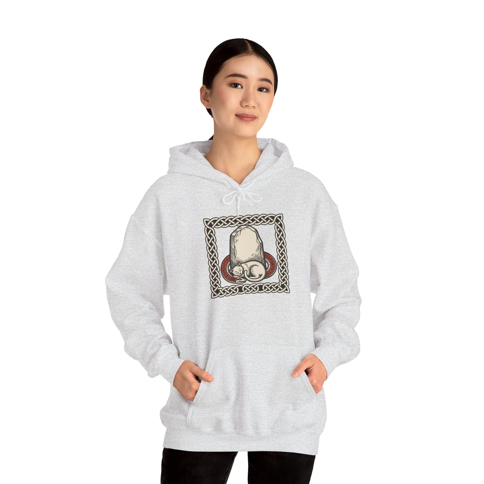 Runestone Cat Norse Woodcut Hoodie - Soft Cotton Blend Fleece Pullover - Unisex White