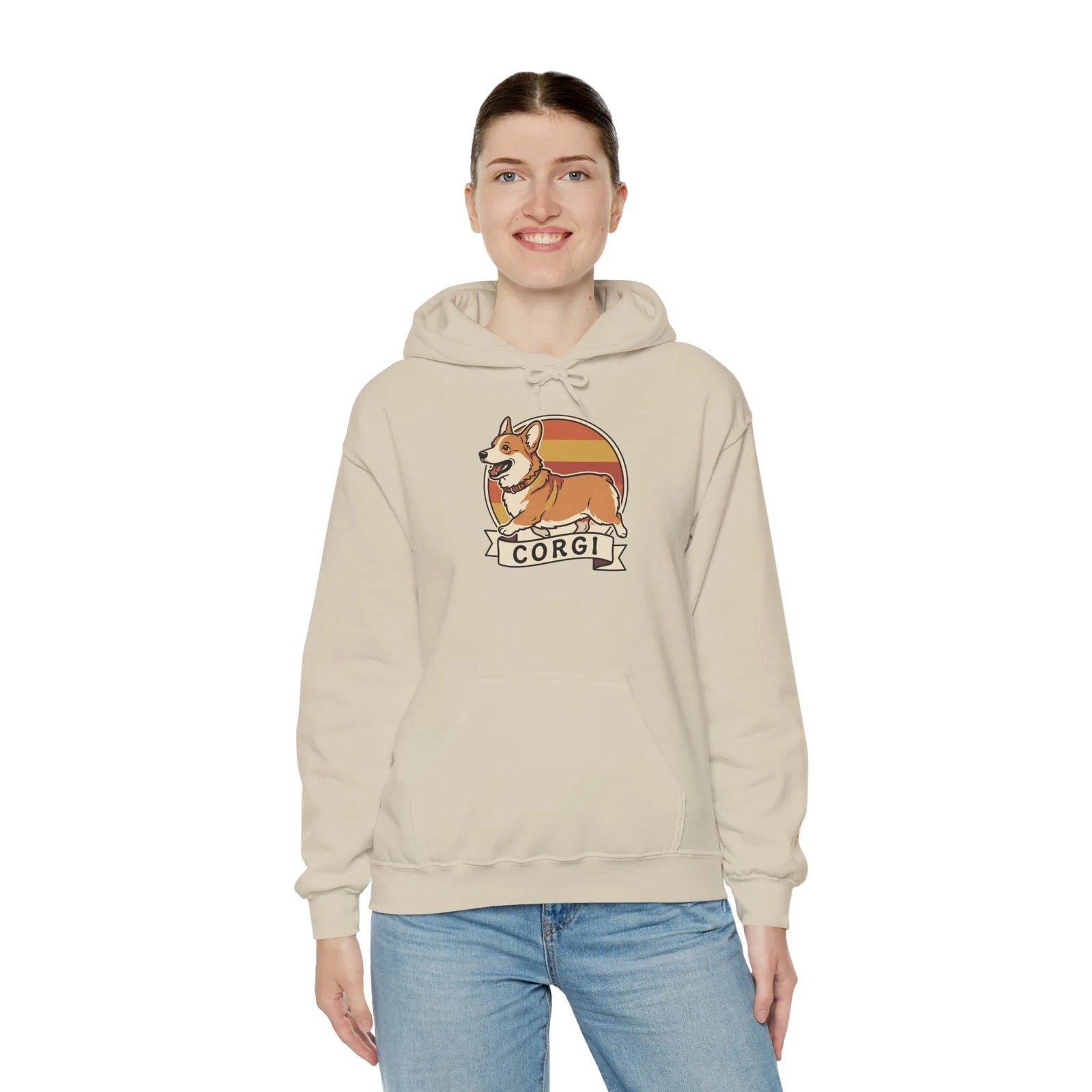 Corgi Retro 70s Sunset Graphic Hoodie - Soft Cotton-Poly Blend Pullover - Unisex White