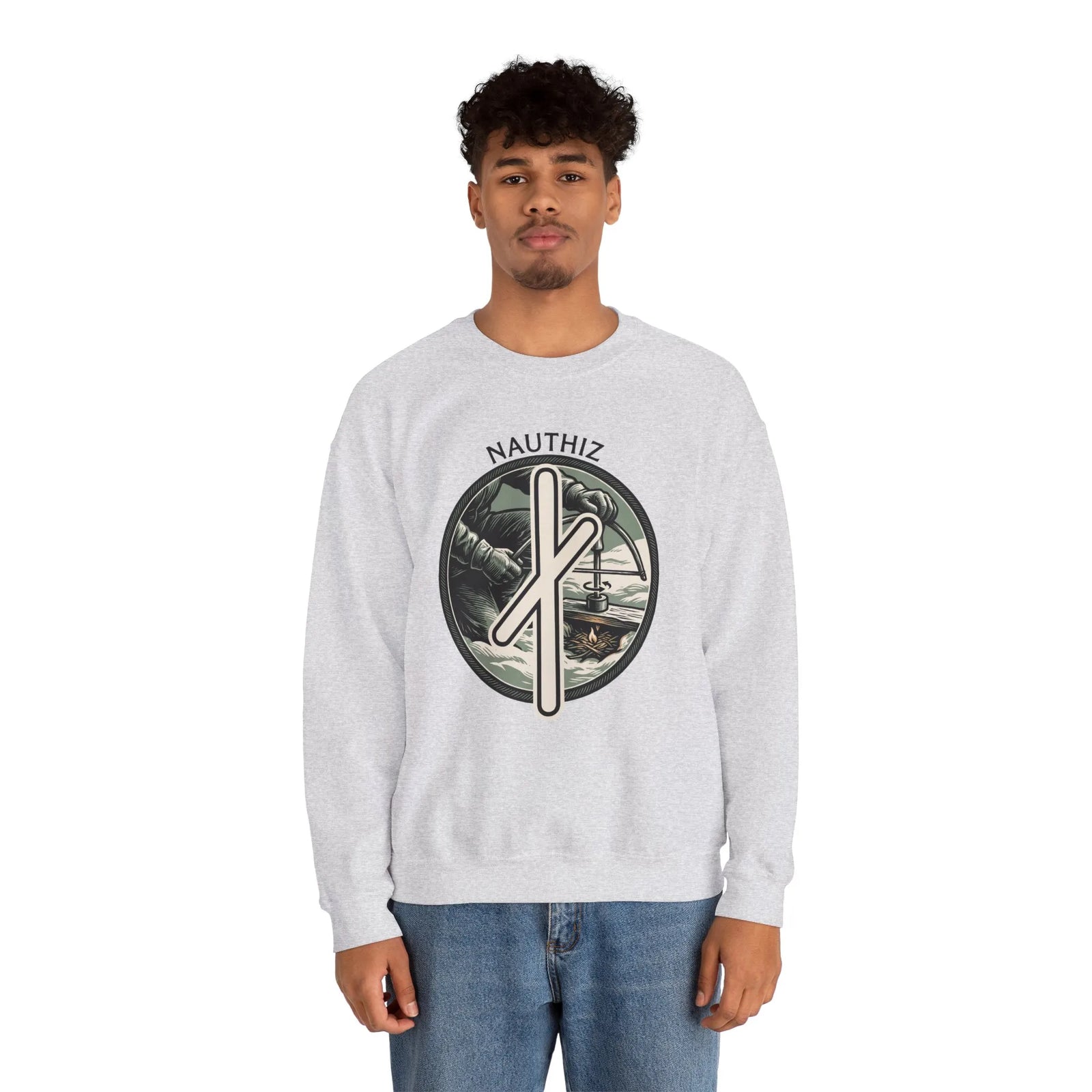 Nauthiz Rune Need-Fire Sweatshirt - Heavy Blend Fleece Crewneck - Unisex White