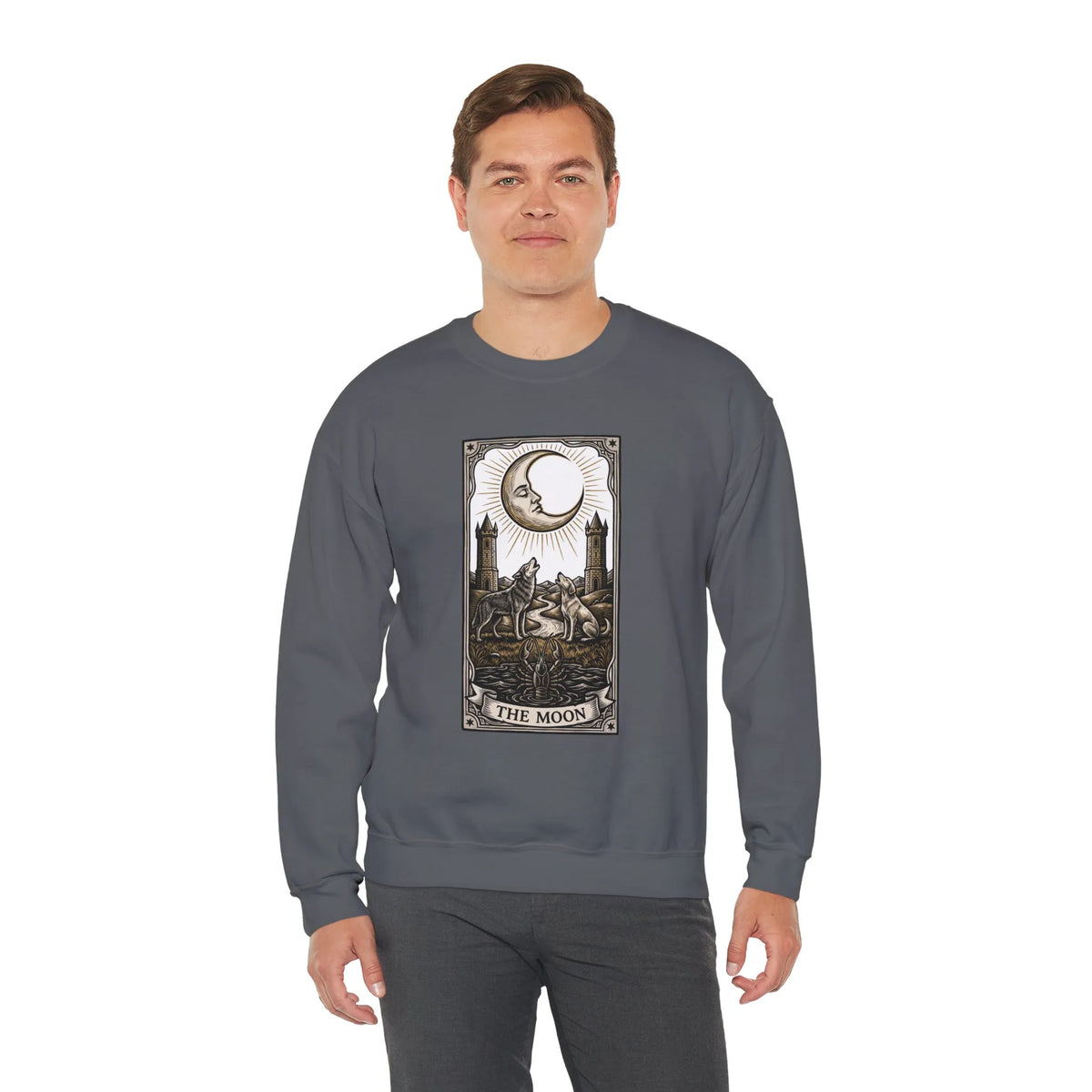 Moon Tarot Card Wolves Graphic Sweatshirt - Heavy Blend Fleece Crewneck - Unisex White