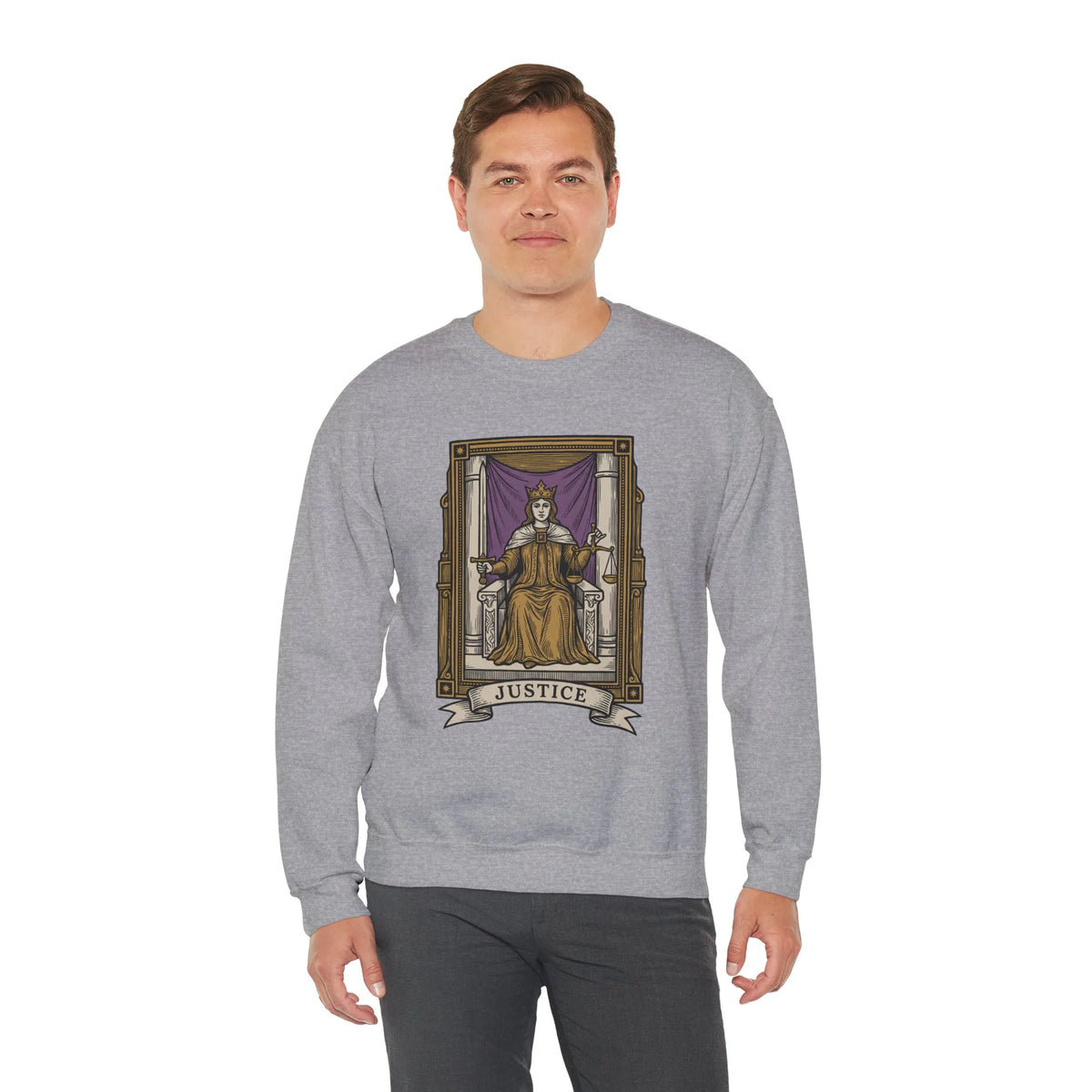 Justice Tarot Card Sweatshirt - Heavy Blend Cotton Poly Crewneck - Unisex White