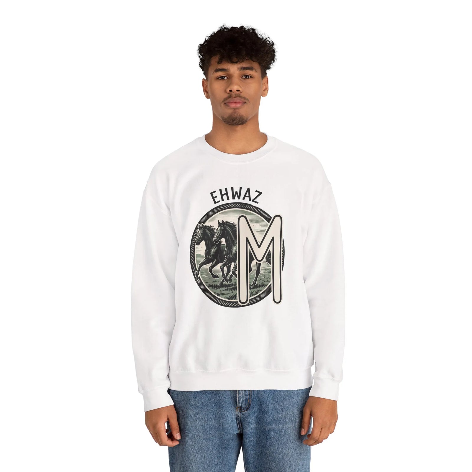 Ehwaz Divine Twins Horse Sweatshirt - Heavy Blend Cotton Blend Crewneck - Unisex White