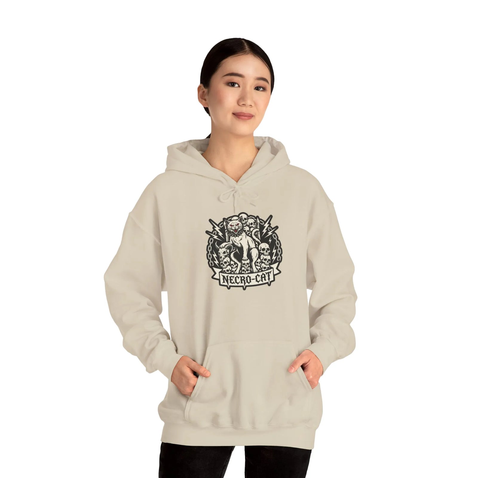 Necro-Cat Skull Throne Graphic Hoodie - Heavyweight Cotton Blend Pullover - Unisex White